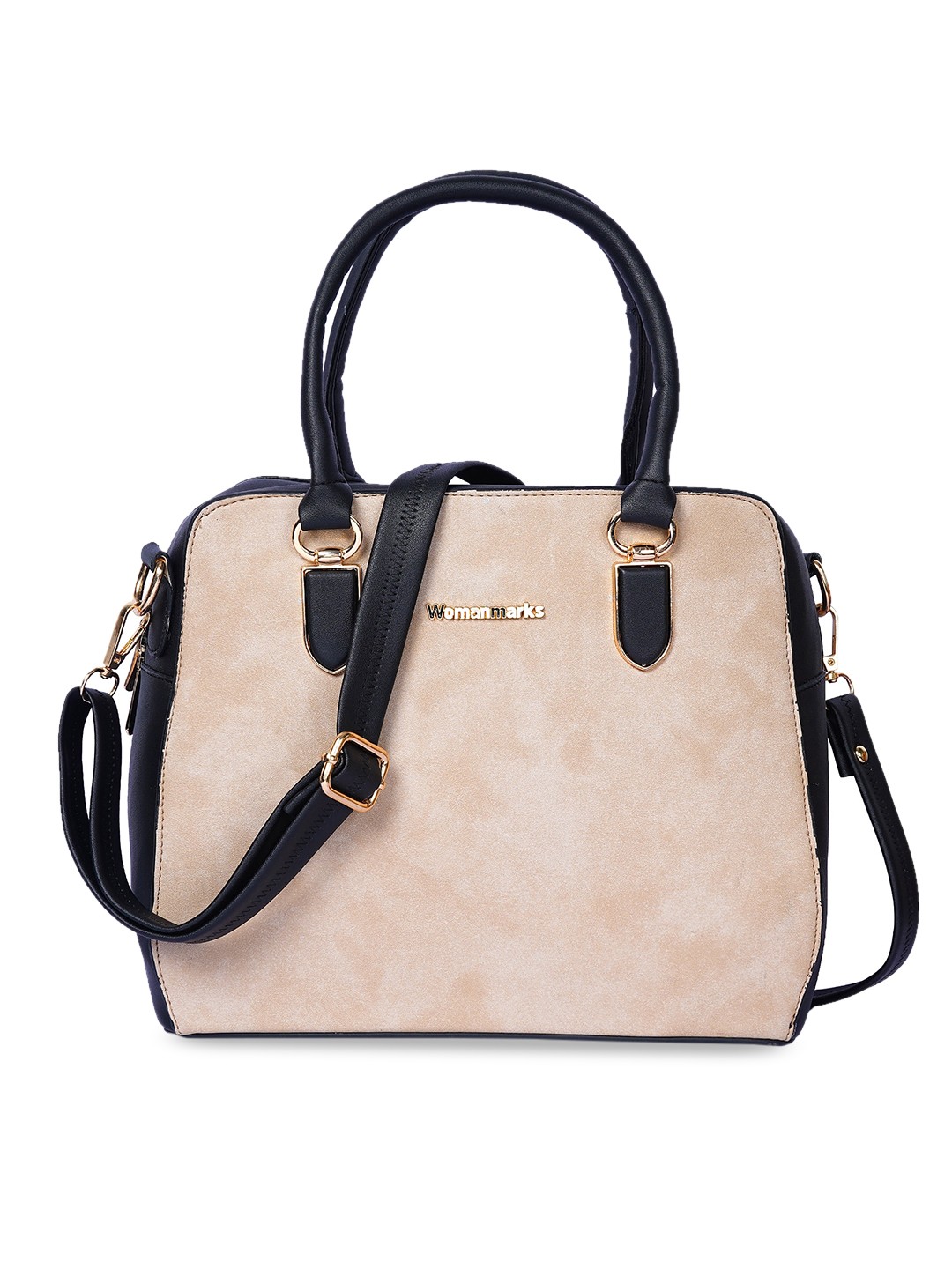 

WOMEN MARKS Cream-Coloured & Navy Blue Colourblocked Handheld Bag