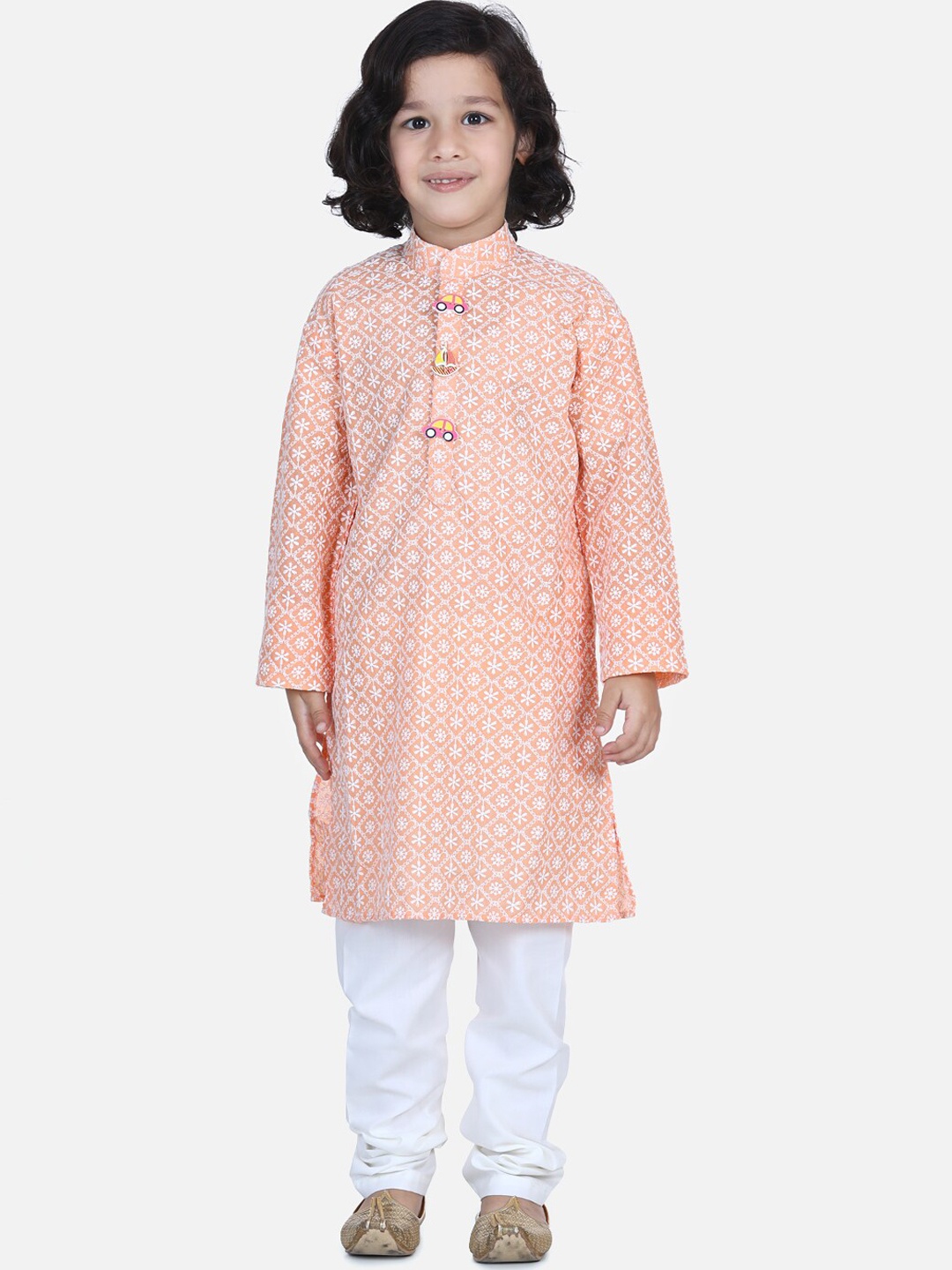 

LilPicks Boys Peach-Coloured & White Chikankari Kurta with Pyjamas