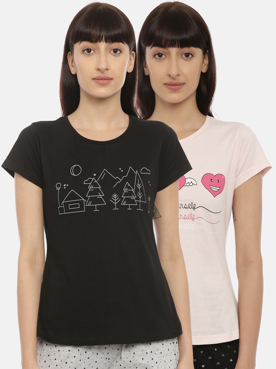 

Curare Women Pack Of 2 Black & Pink Printed Lounge T-shirts