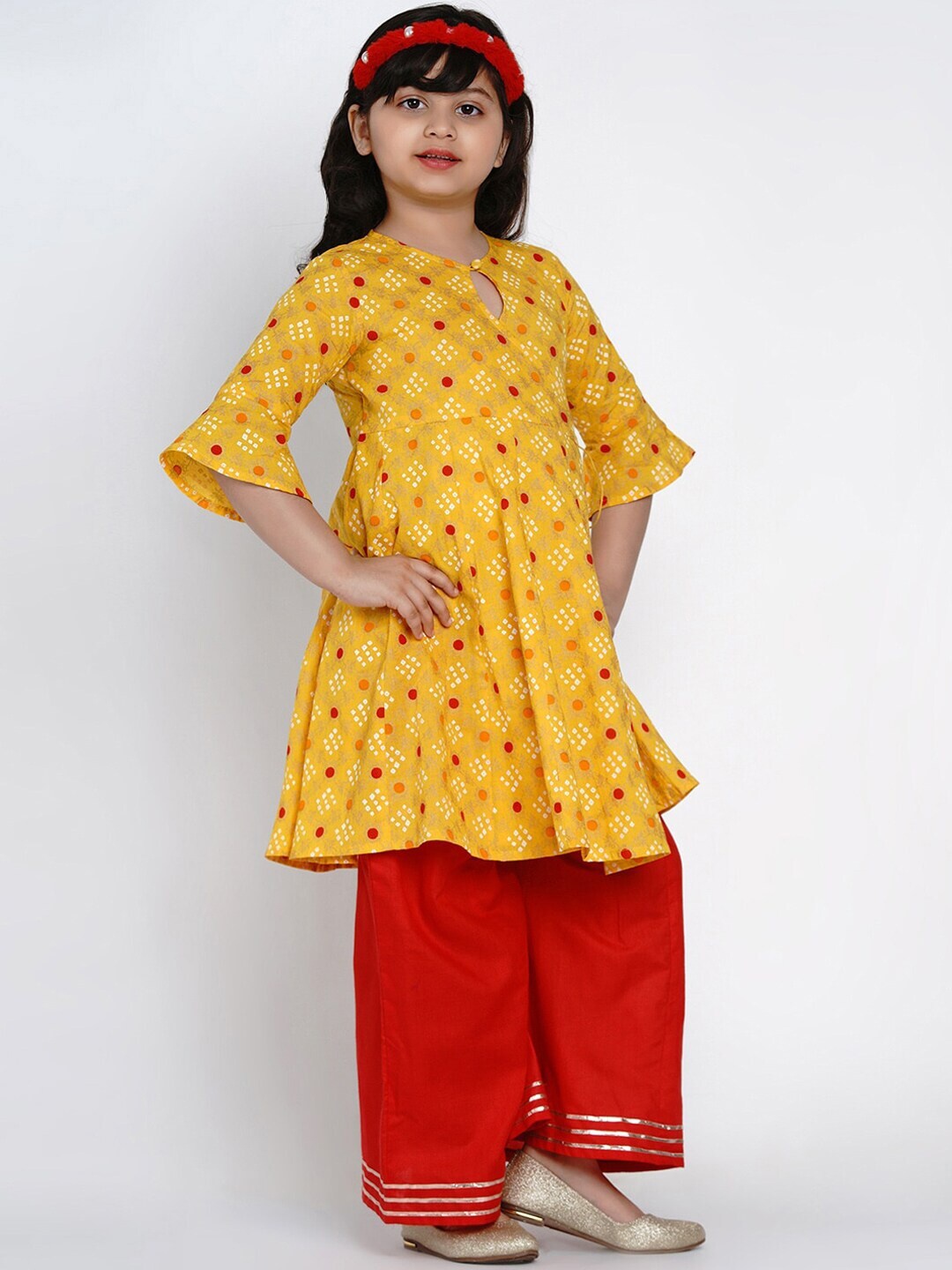 Bitiya by Bhama Girls Yellow Printed Kurti with Skirt