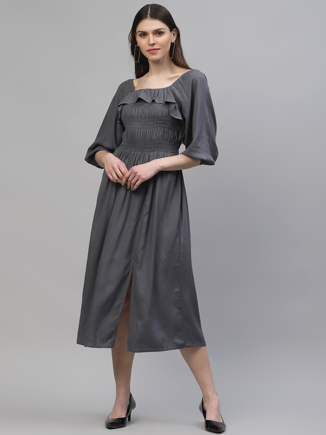 Athena Women Grey Solid Fit and Flare Dress