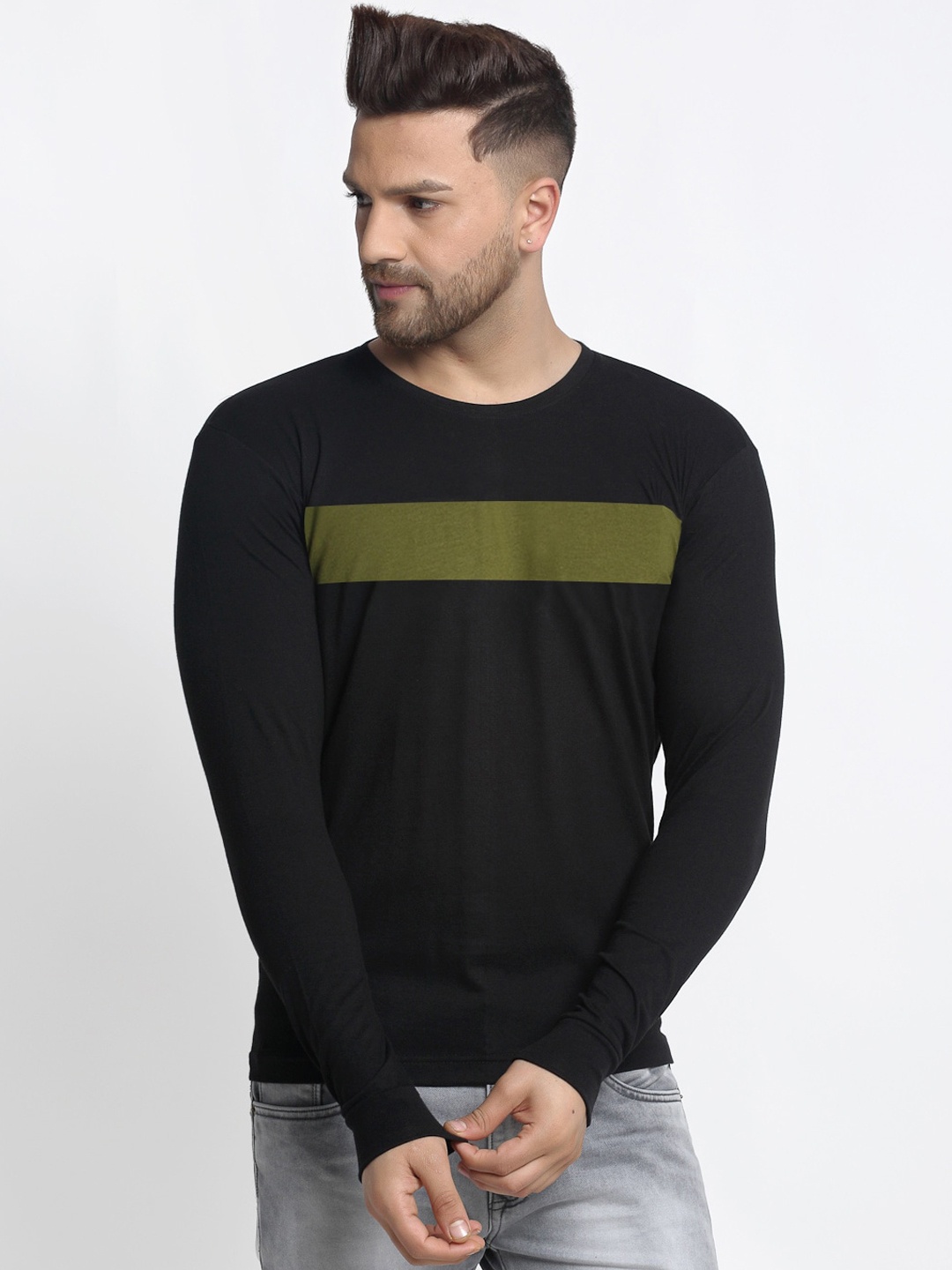 

Friskers Men Black Striped Round Neck Cotton Pure Cotton T-shirt