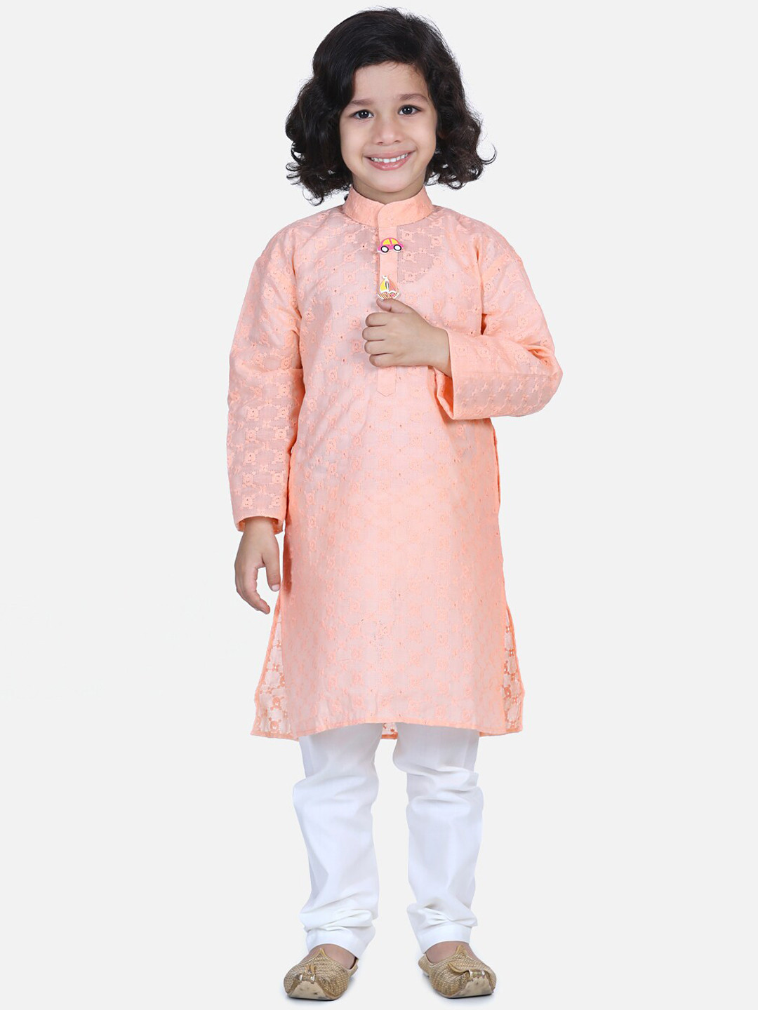 

LilPicks Boys Peach-Coloured & White Self Design Kurta with Pyjamas