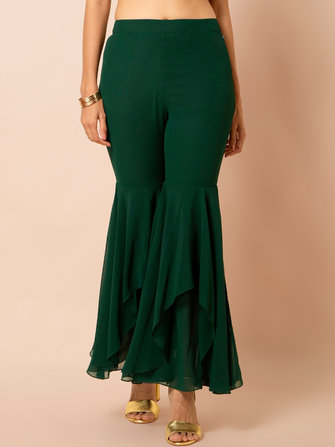 

INDYA Women Green & Gold-Toned Solid Flared Palazzos