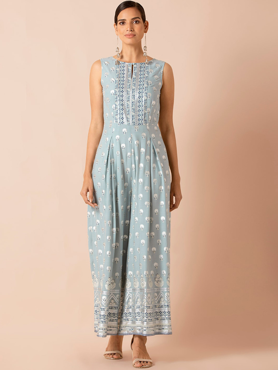 

INDYA Women Blue & White Printed Basic Jumpsuit
