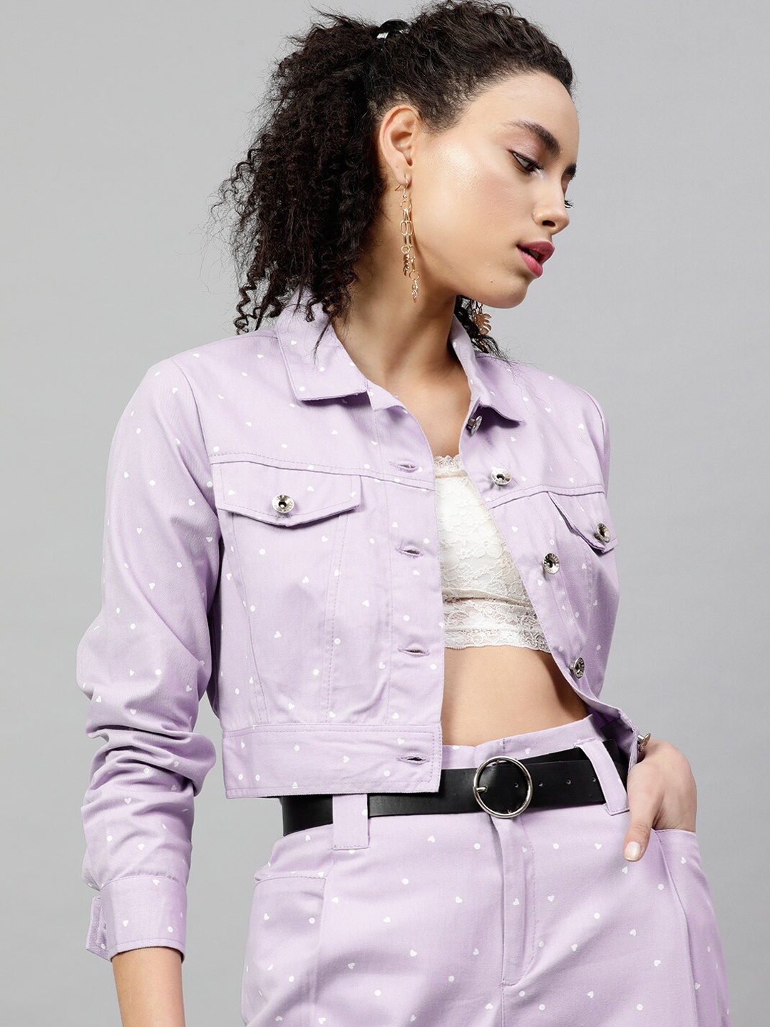 STREET 9 Women Lavender Solid Lightweight Cotton Crop Denim Jacket