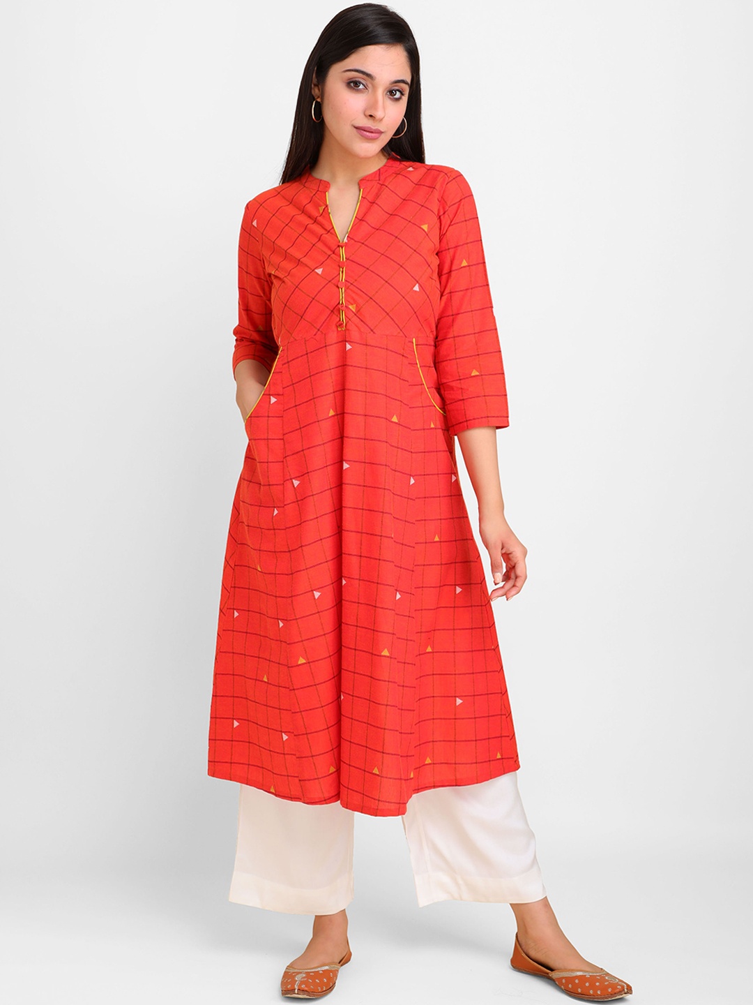 

lal10 Women Red Checked Thread Work Dobby Kurta