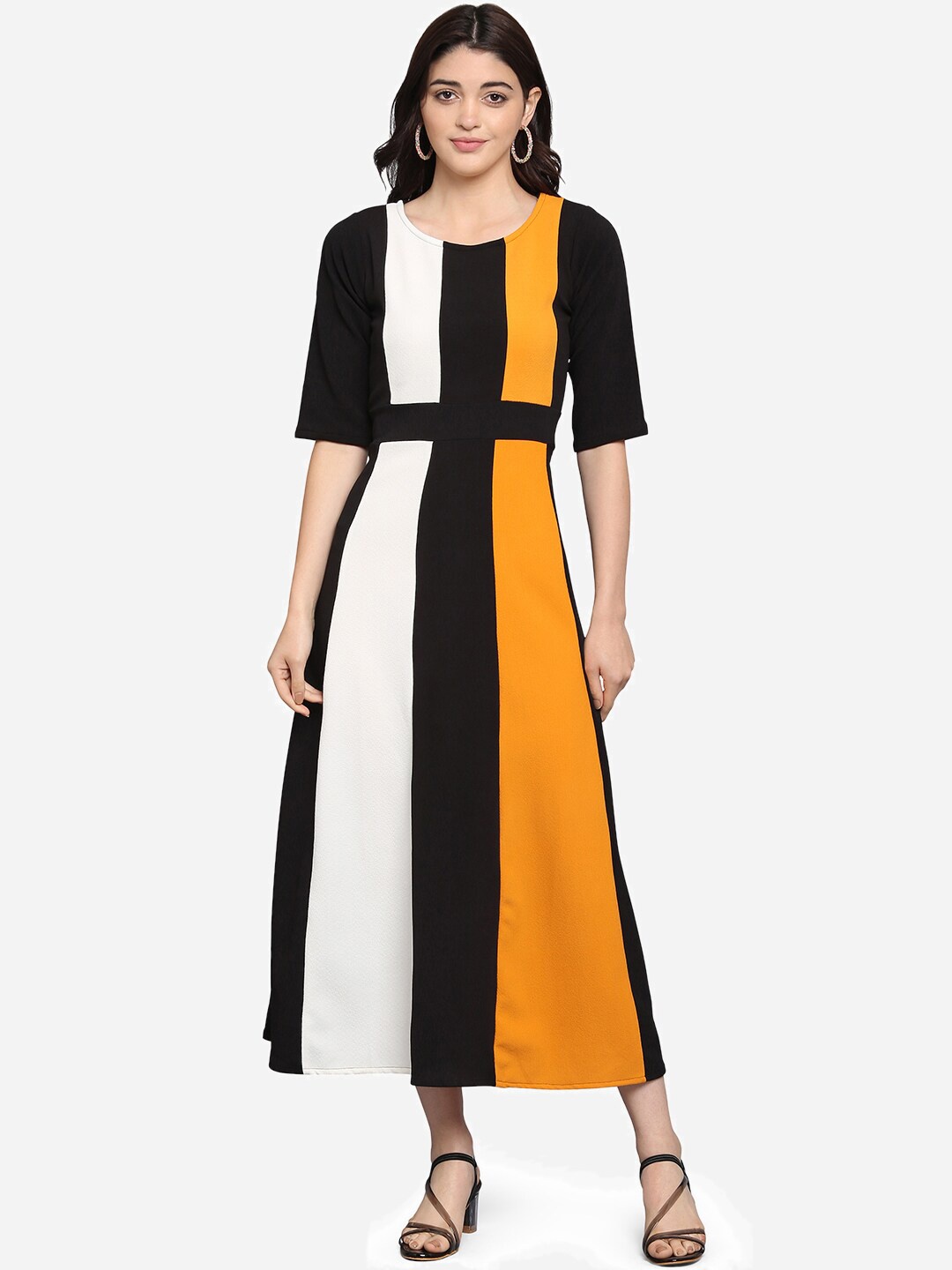 

PURVAJA Women Black & White Colourblocked A-Line Dress