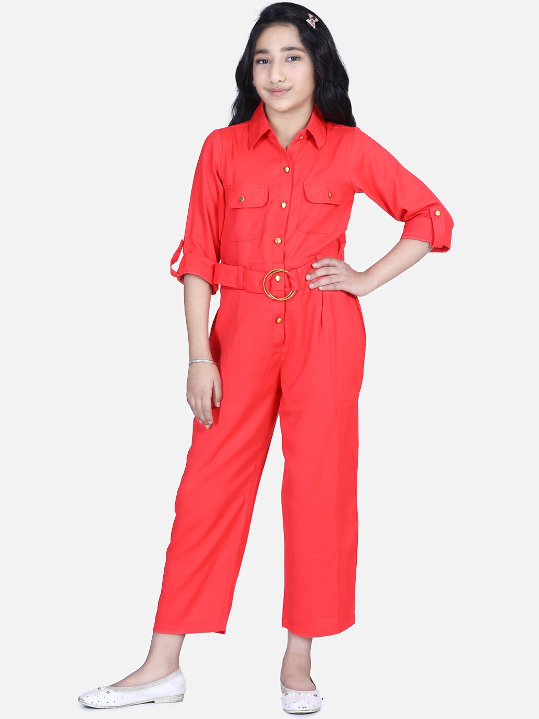 

LilPicks Girls Coral Red Solid Cropped Basic Jumpsuit