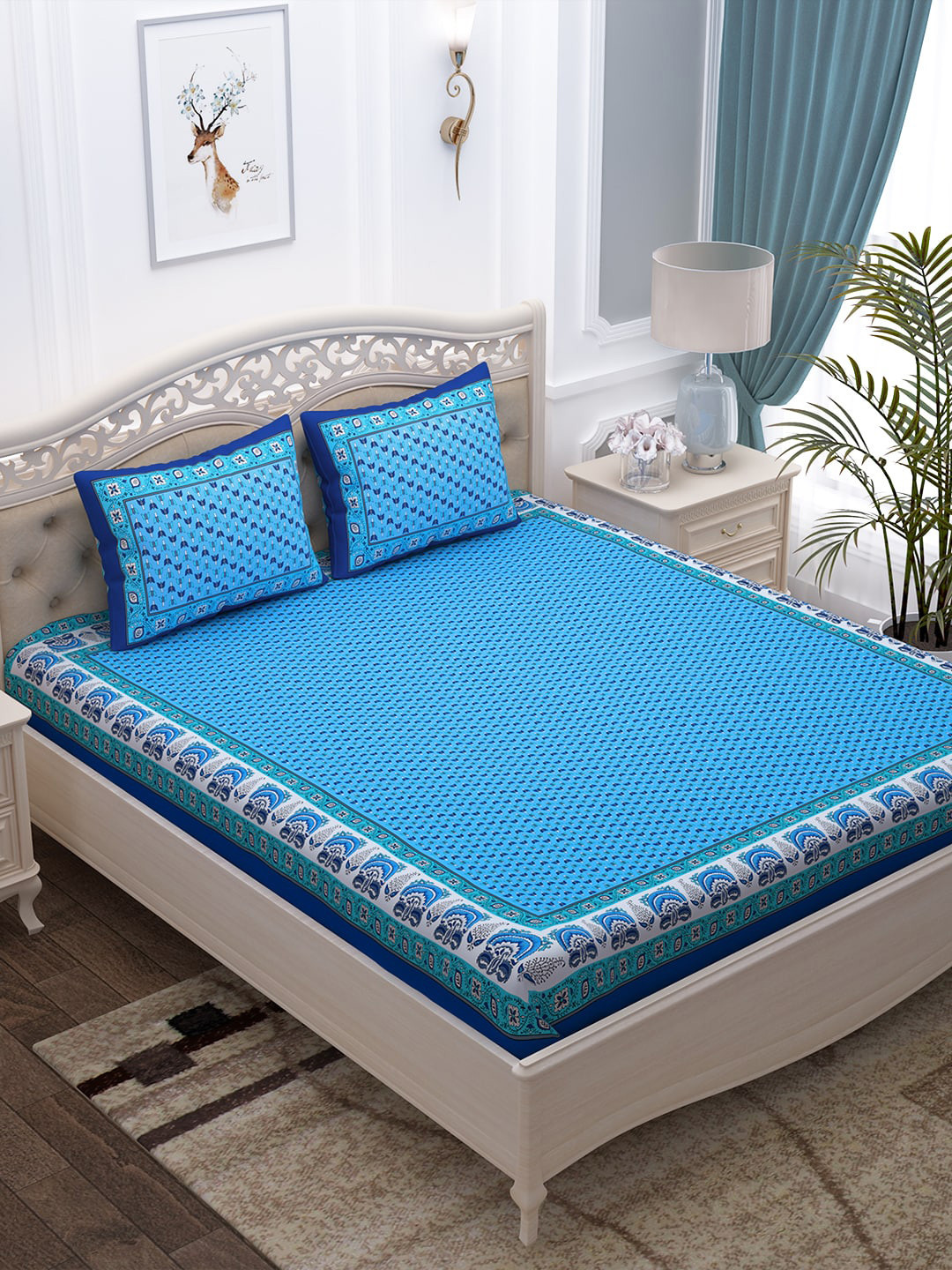 

Story@home Blue & White Ethnic Motifs 152 TC Cotton 1 King Bedsheet with 2 Pillow Covers