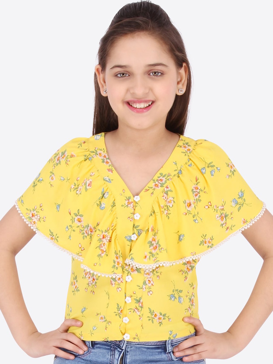 

CUTECUMBER Girls Yellow Floral Printed Cape Sleeves Top