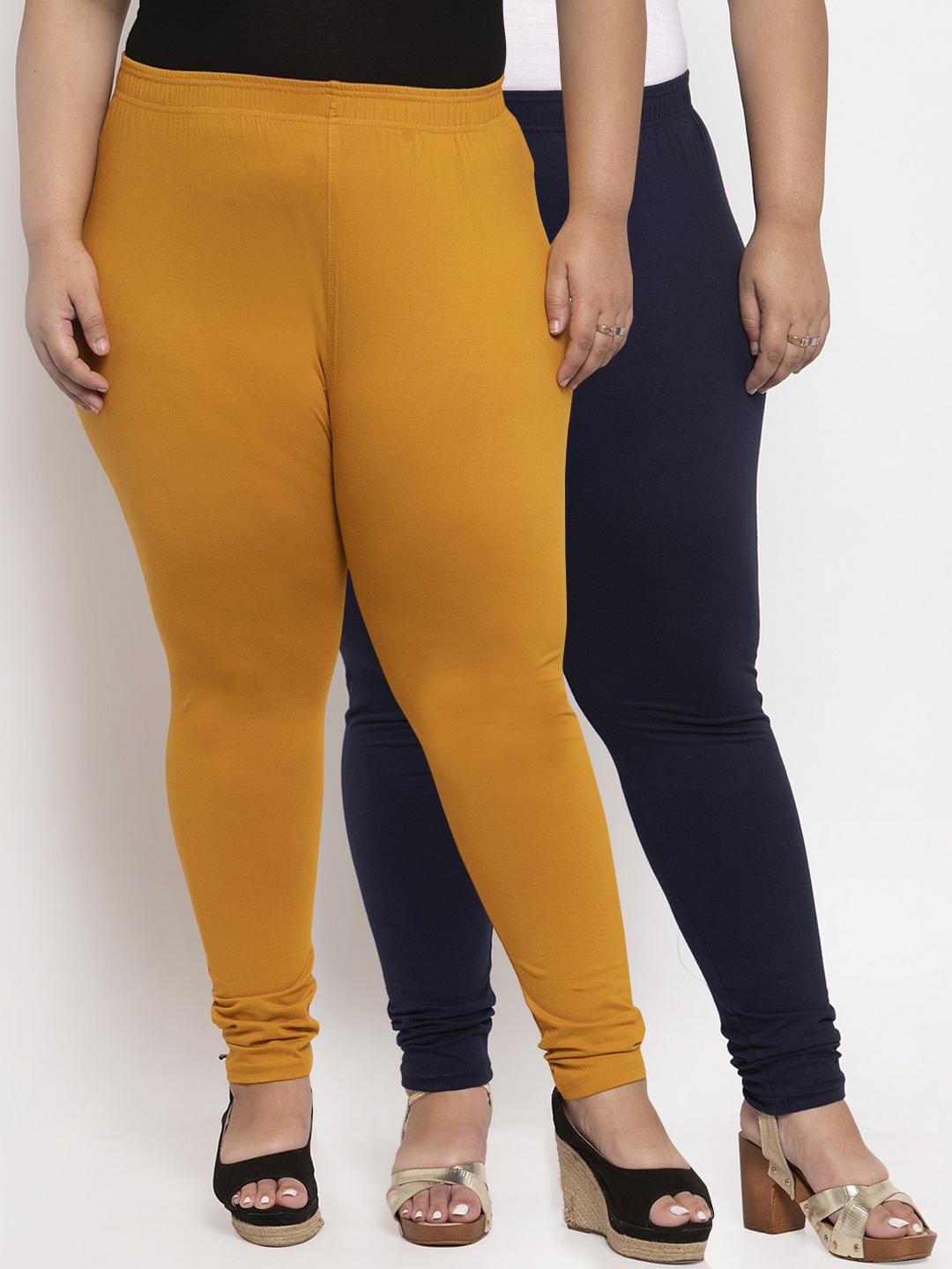 

TAG 7 PLUS Women Pack Of 2 Solid Ankle-Length Plus Size Leggings, Mustard