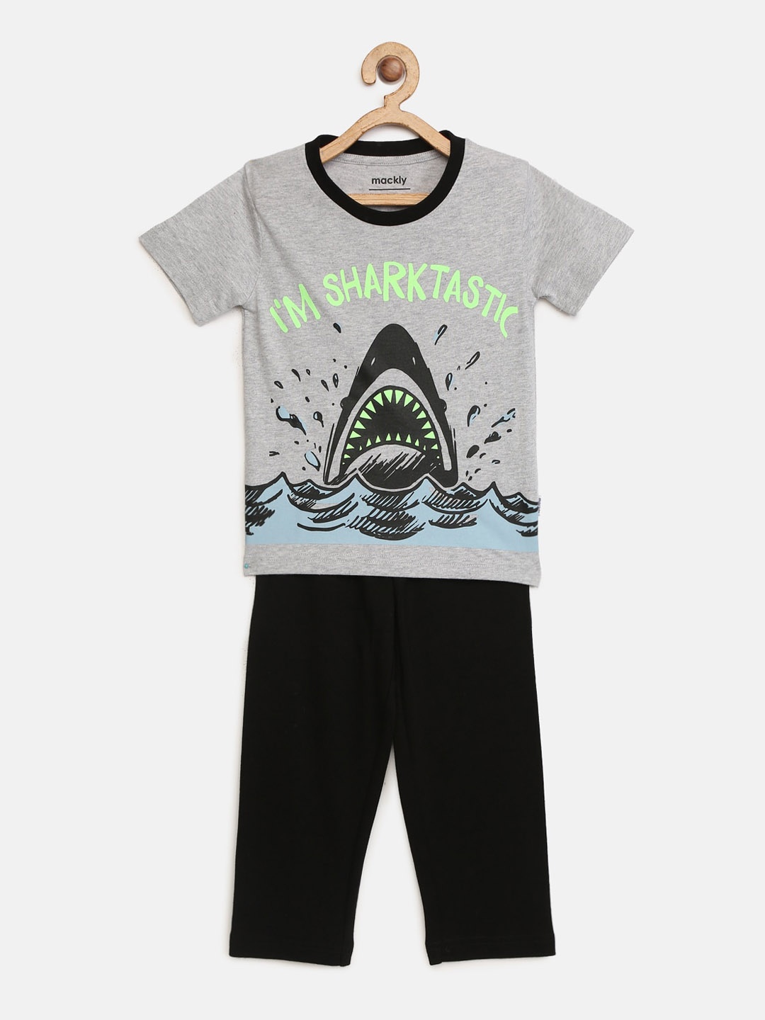 

mackly Boys Grey & Black Printed Night suit