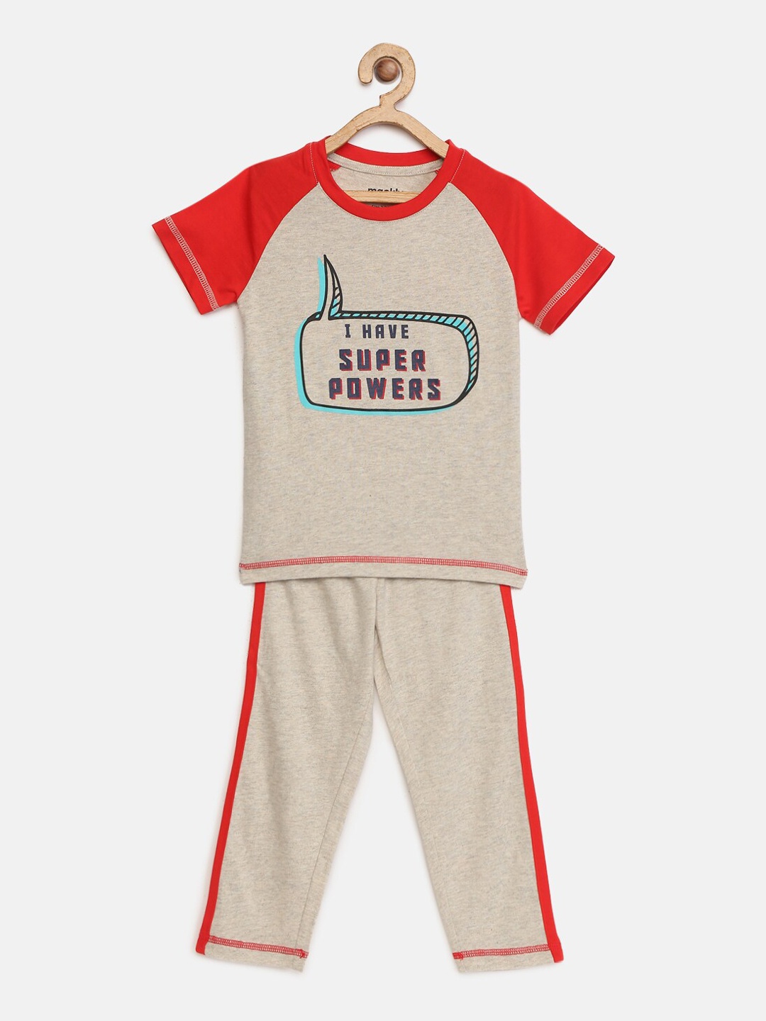 

mackly Boys Grey Melange & Red Printed Night suit