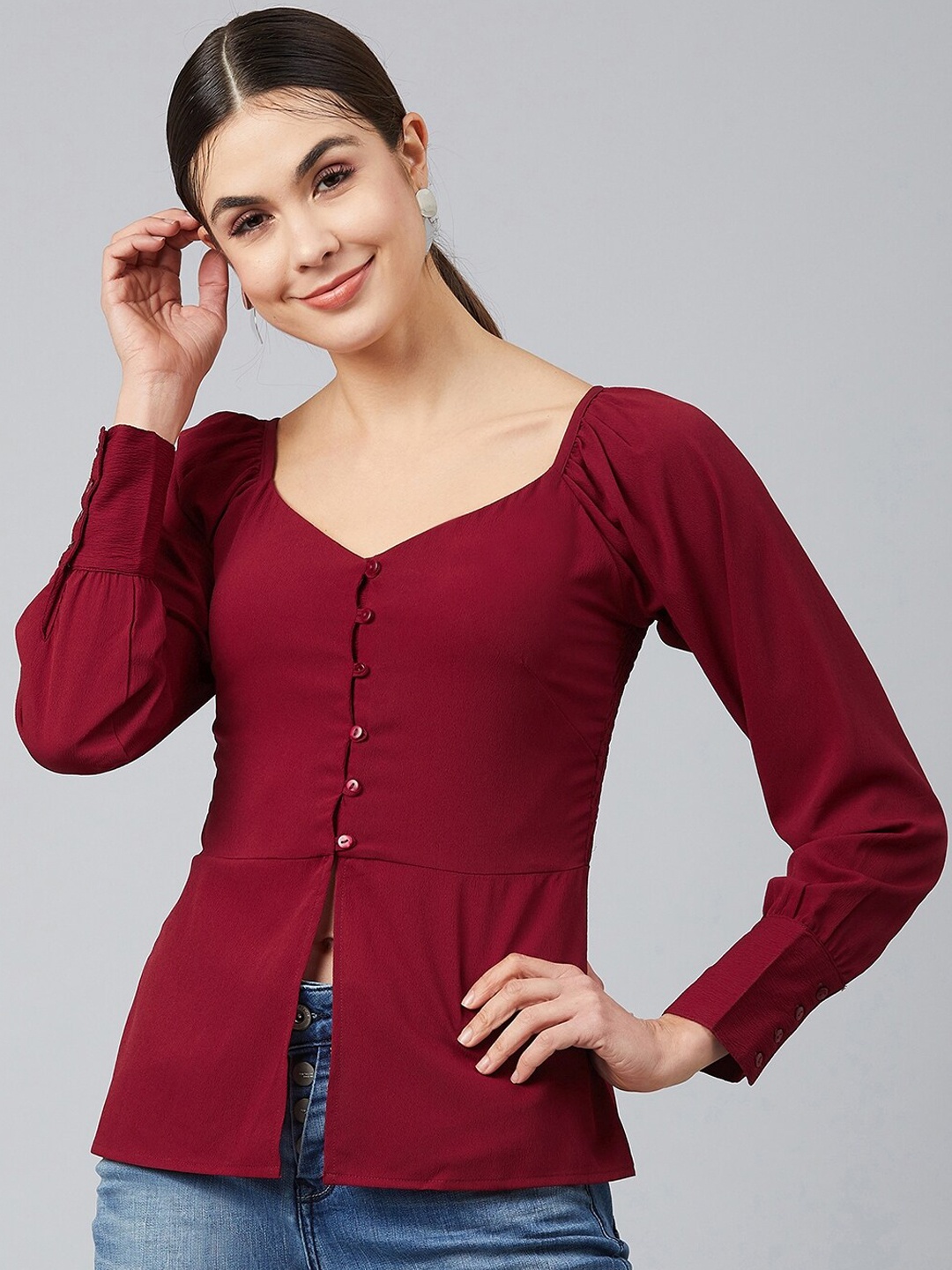 

Carlton London Maroon Crepe Cuffed Sleeve Top