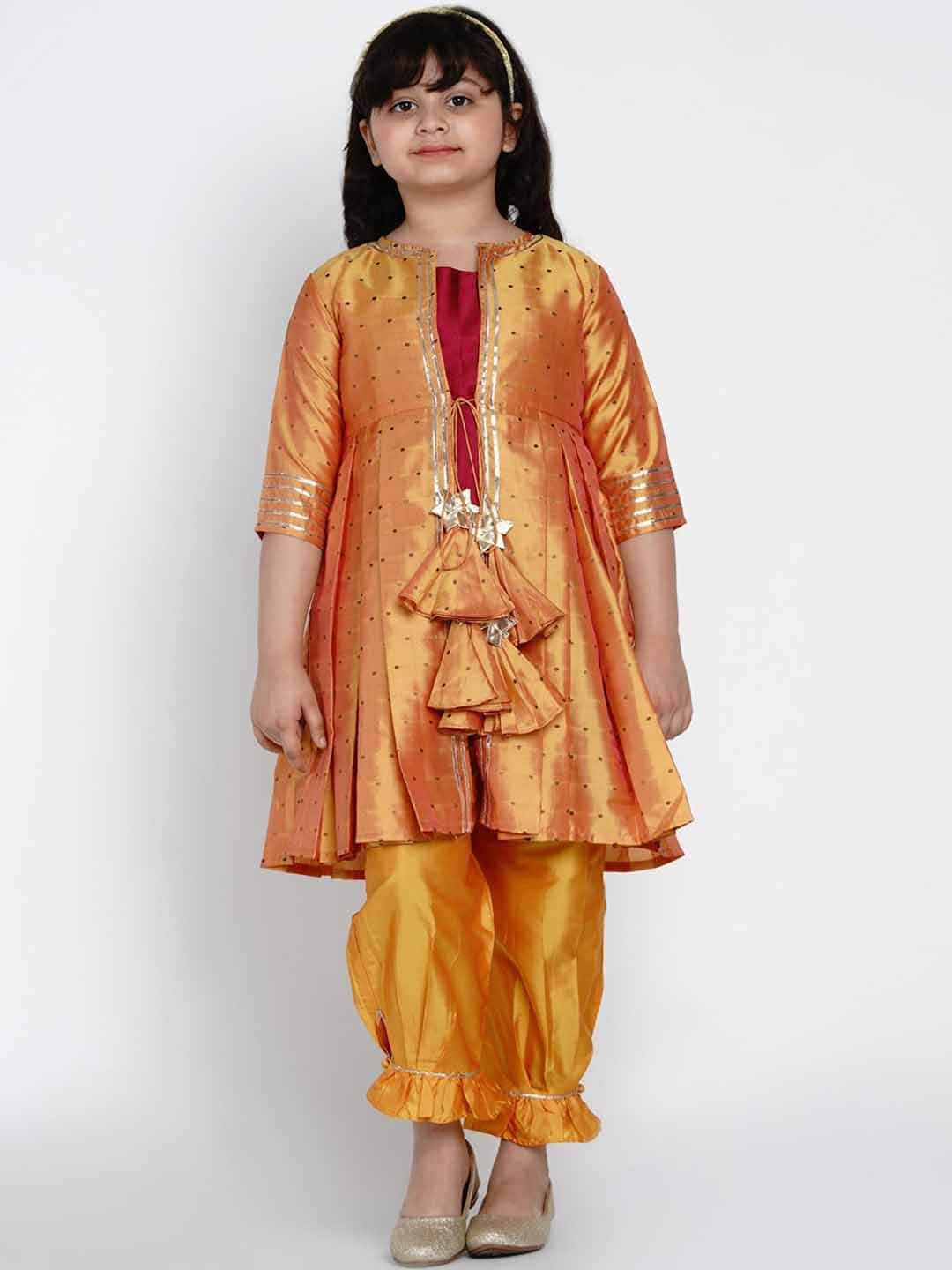 

Bitiya by Bhama Girls Yellow & Magenta Woven Design Kurta with Harem Pants