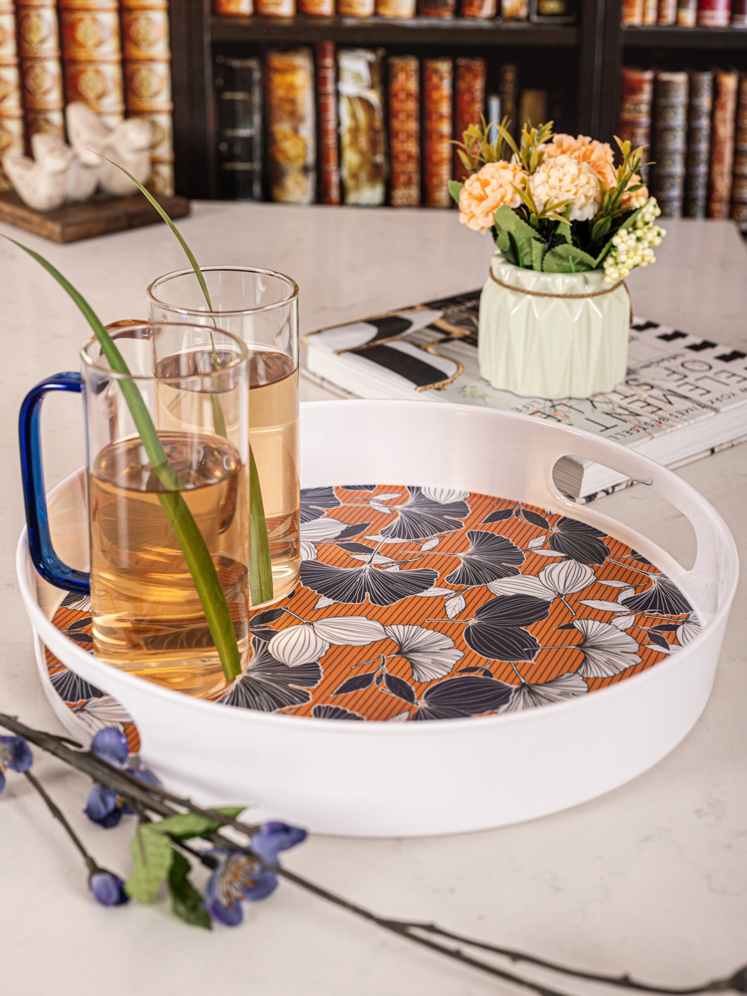 

GOODHOMES White & Orange Printed Melamine Round Serving Tray