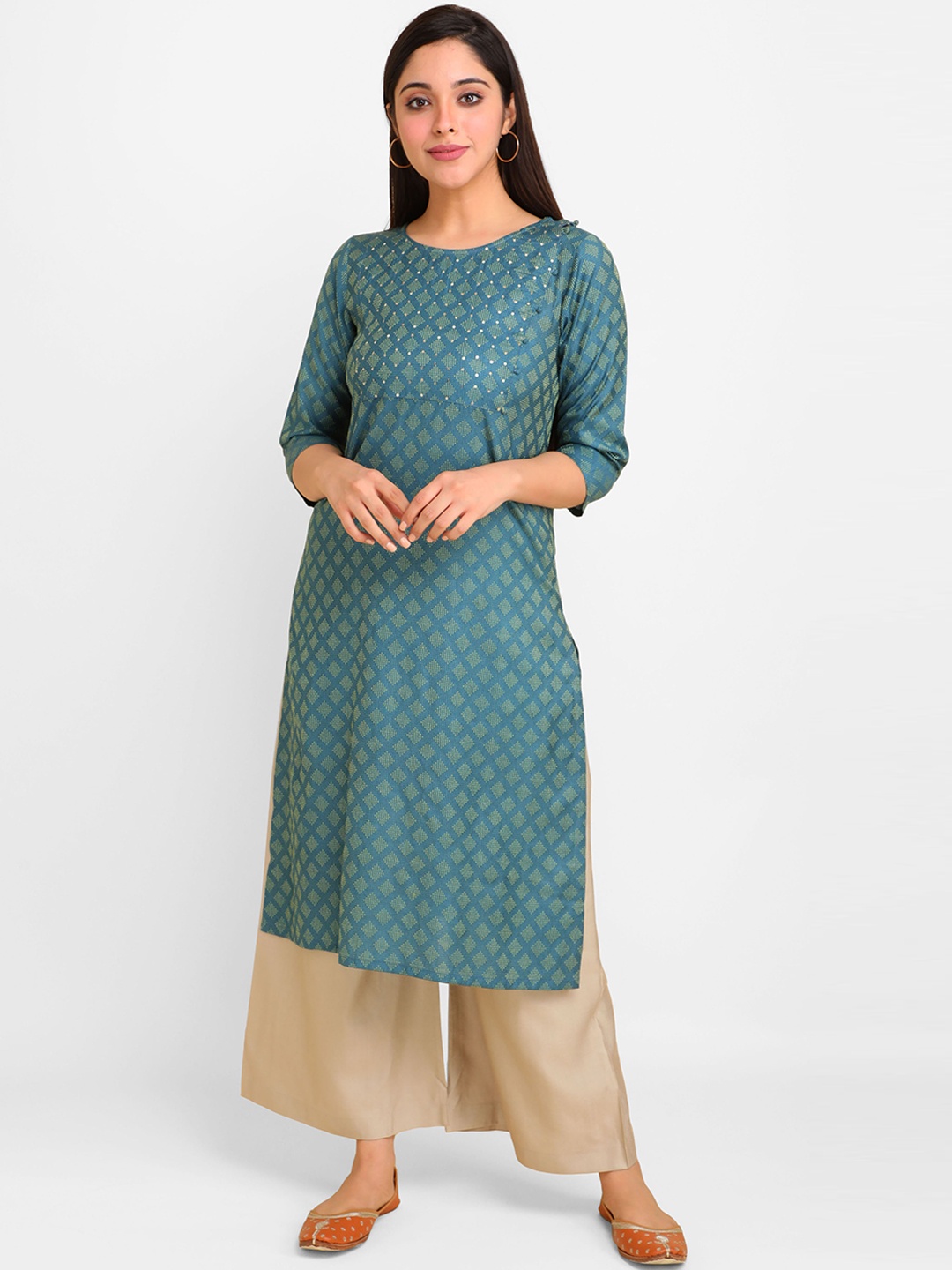 

lal10 Women Blue Ethnic Motifs Dobby Kurta