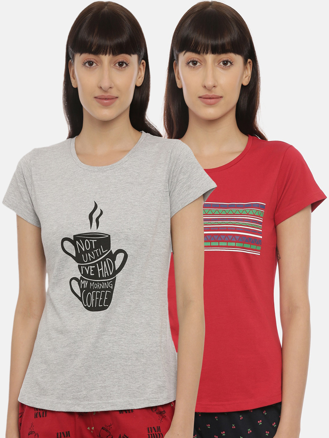 

Curare Women Pack Of 2 Printed Cotton Lounge T-Shirts, Grey