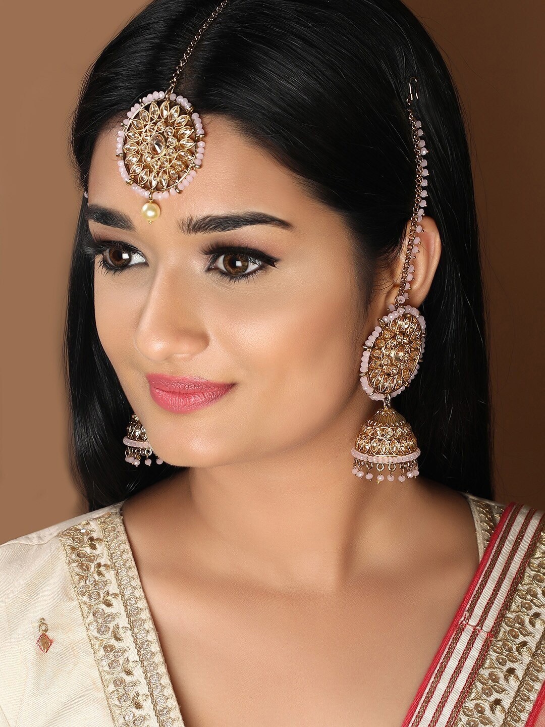 

Rubans Gold-Plated White & Pink Kundan-Studded Beaded Handcrafted Jewellery Set