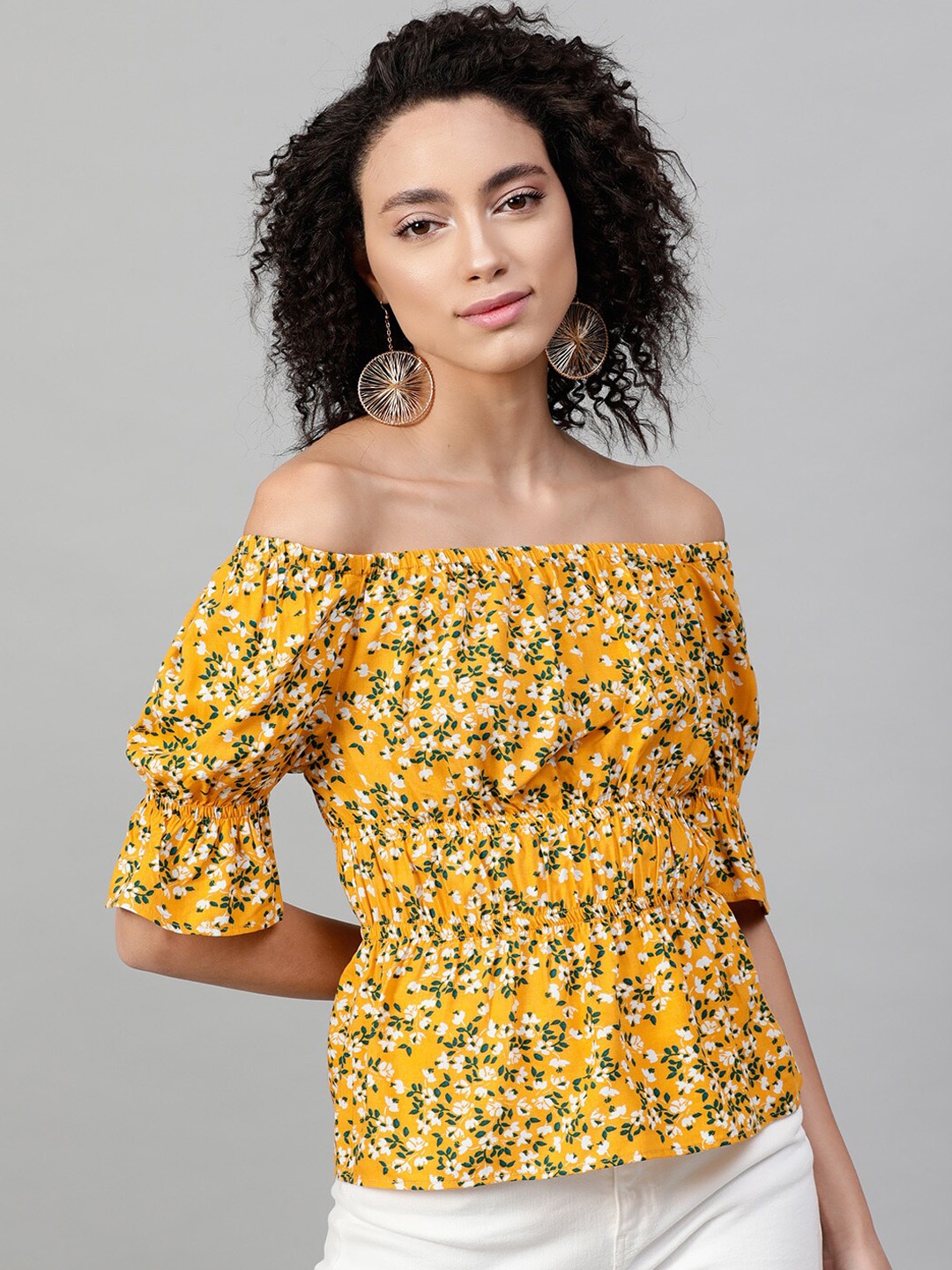 

STREET 9 Yellow Floral Printed Off-Shoulder Bardot Top