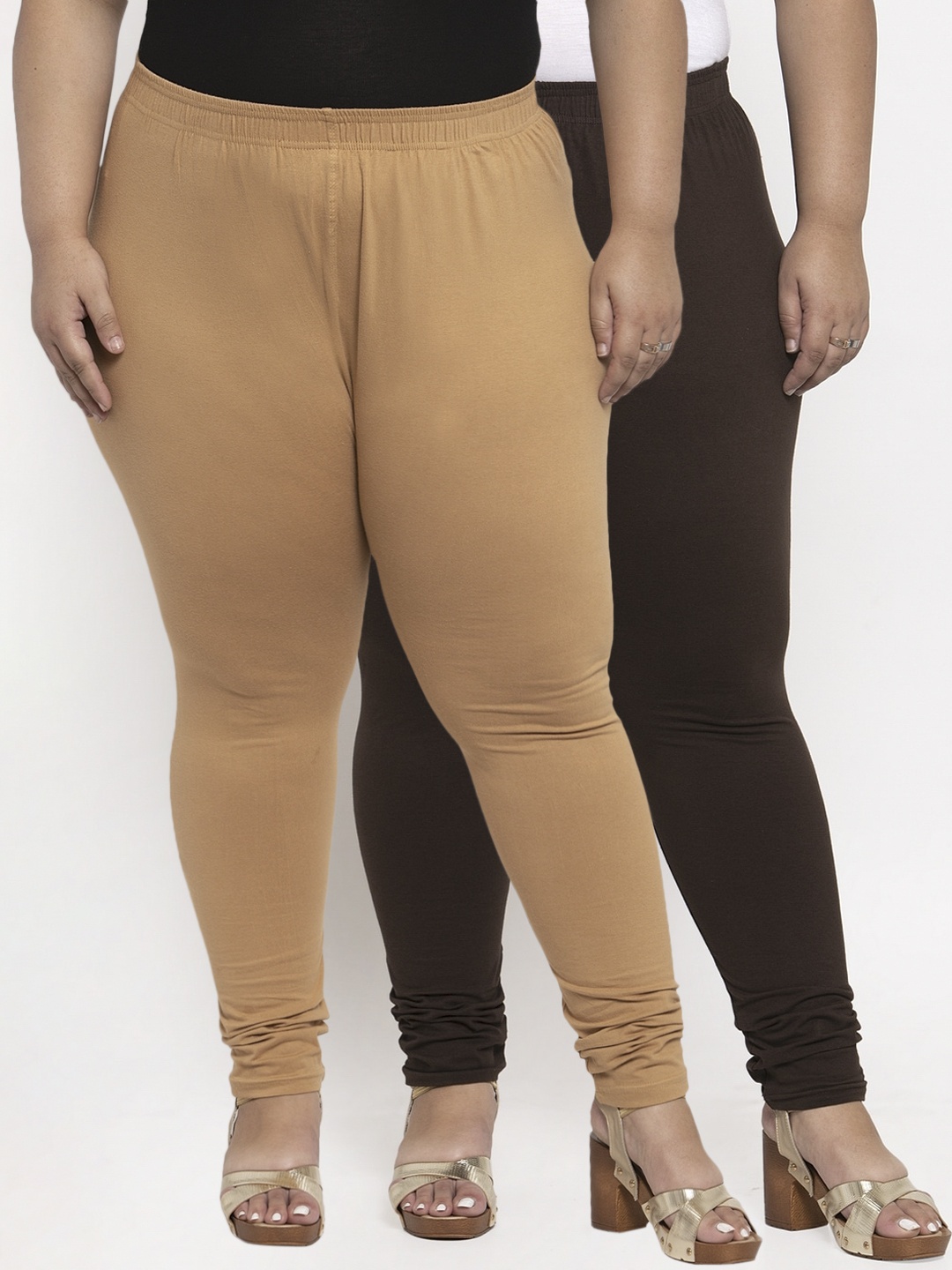 

TAG 7 PLUS Women Pack Of 2 Solid Plus Size Ankle-Length Leggings, Beige