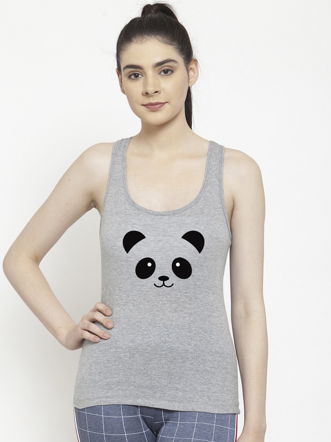 

Friskers Women Grey Melange & Black Printed Camisole