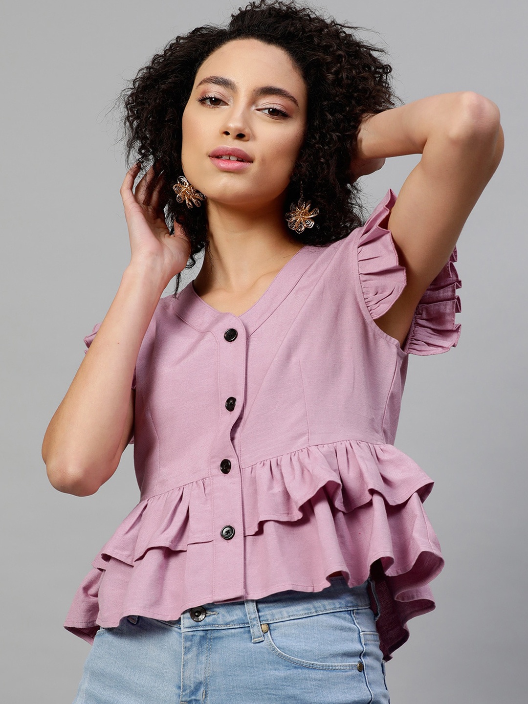 

STREET 9 Purple Flutter Sleeves Cotton Peplum Top