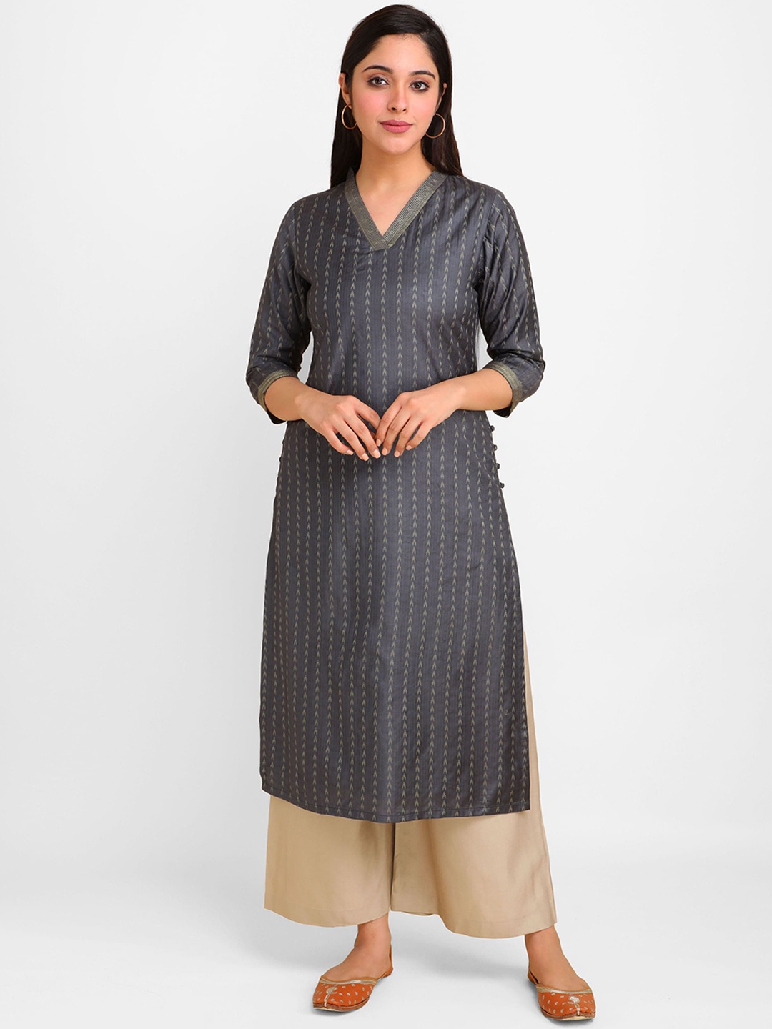 

lal10 Women Grey Ethnic Motifs Dobby Kurta