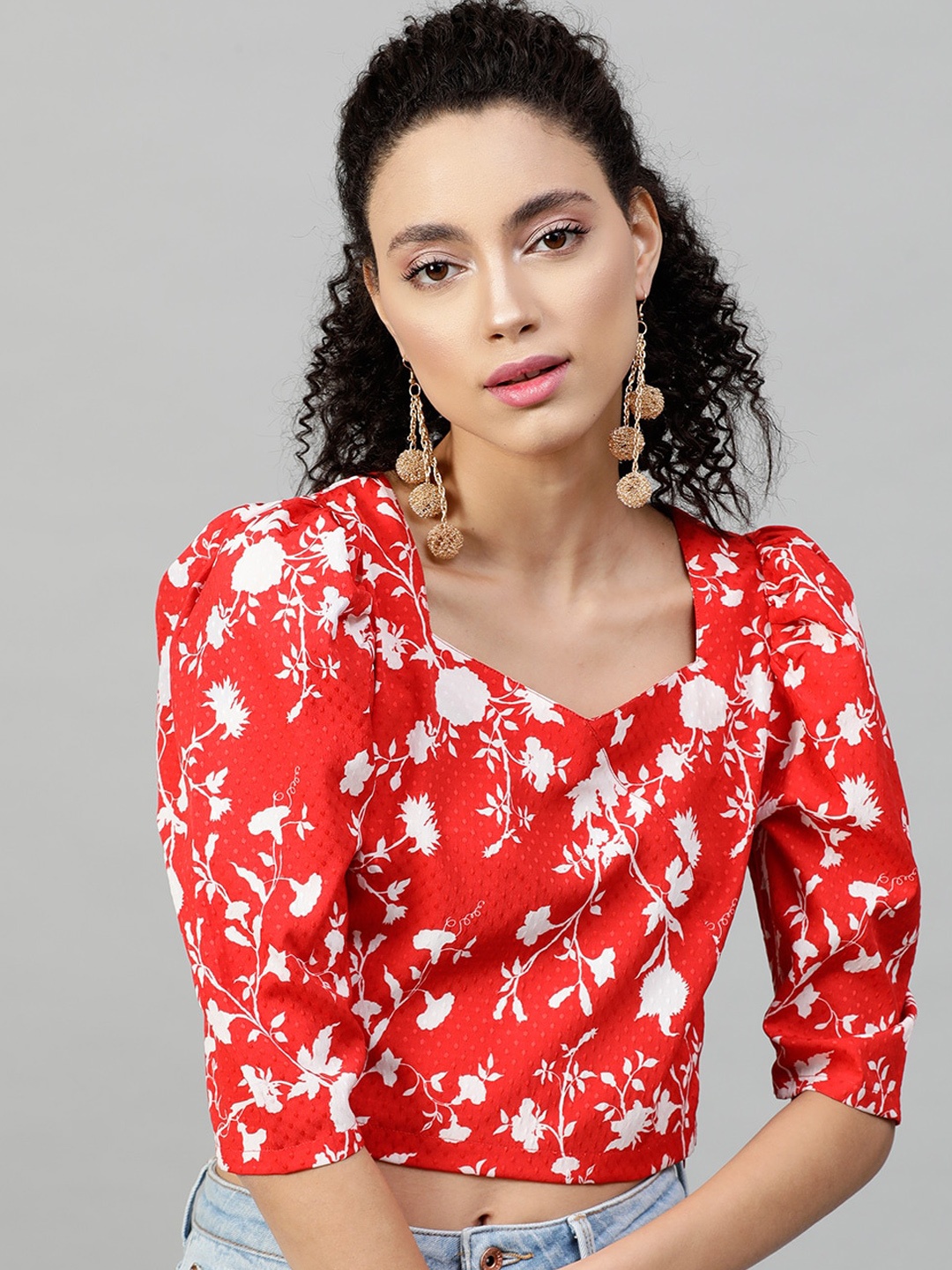 

STREET 9 Red & White Floral Printed Crepe Crop Top