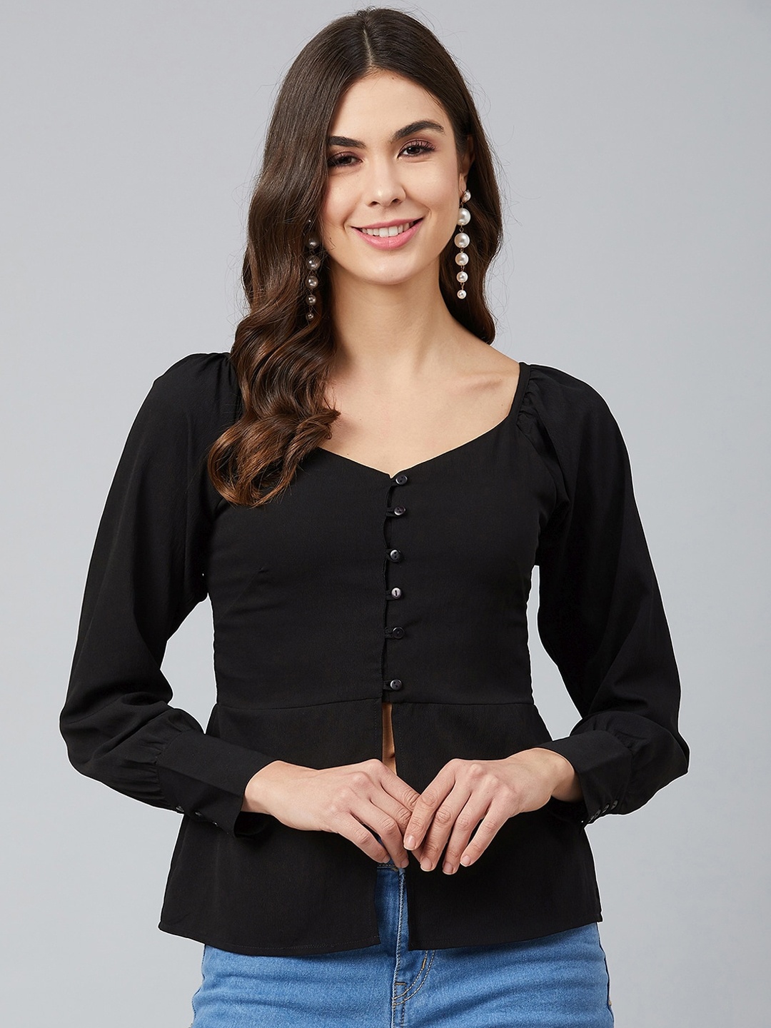 

Carlton London Women Black Sweetheart Neck Crepe Shirt Style Top