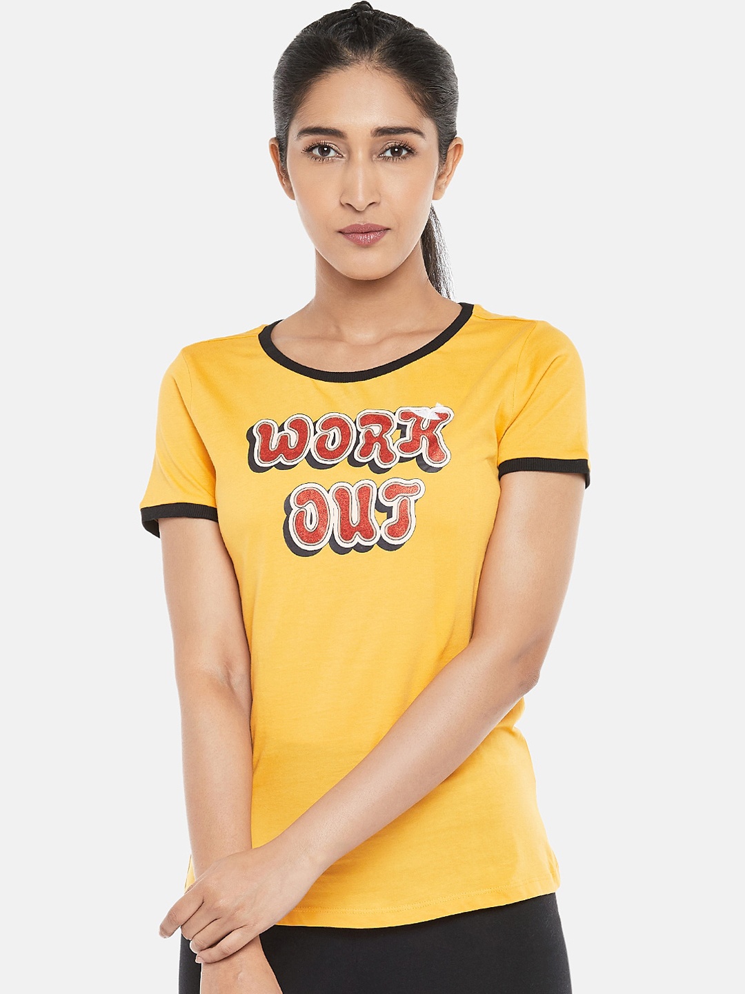

Ajile by Pantaloons Women Yellow Printed Round Neck Cotton Pure Cotton T-shirt