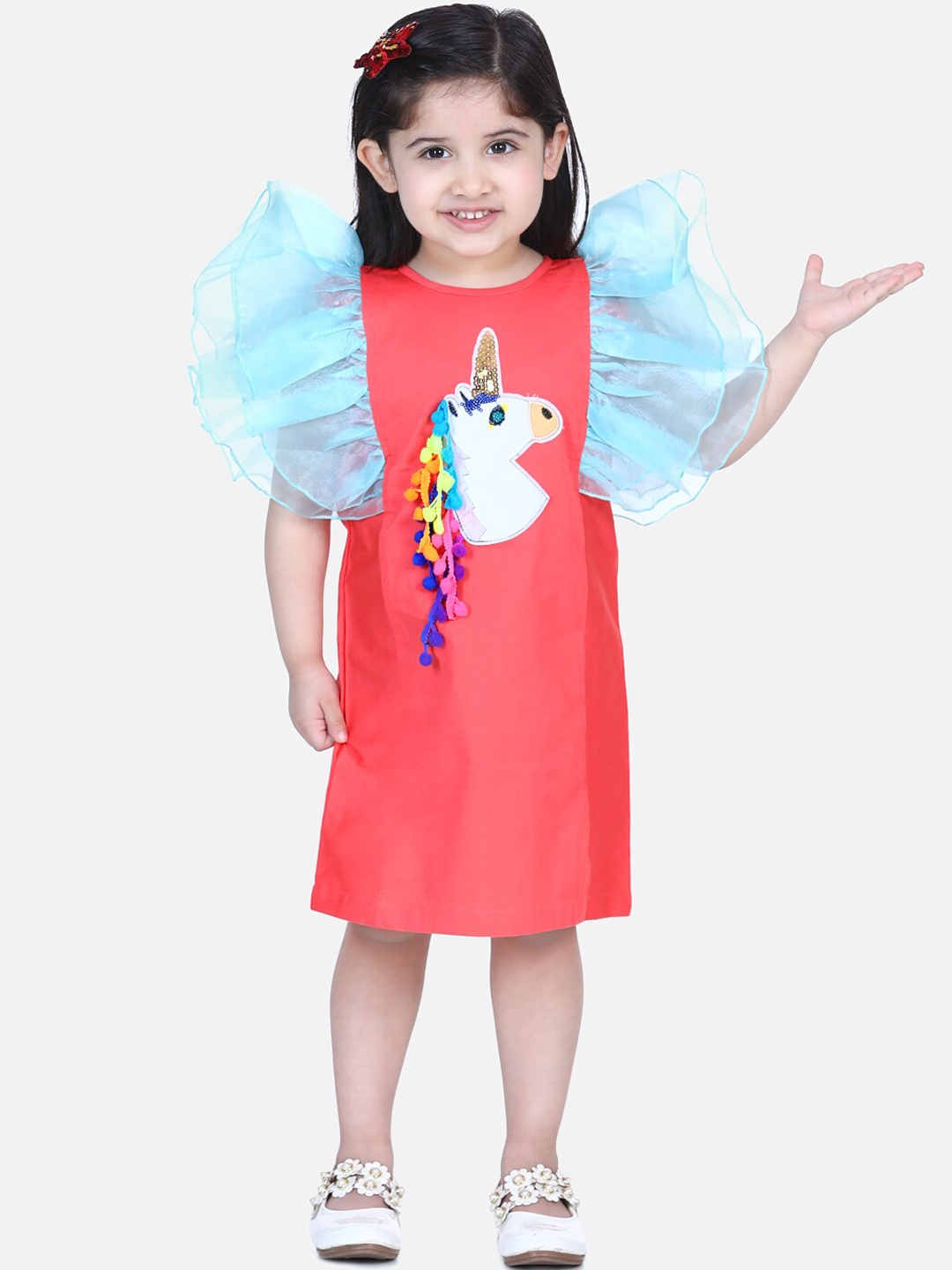 

LilPicks Girls Orange Unicorn Fringes Ruffles A-Line Dress