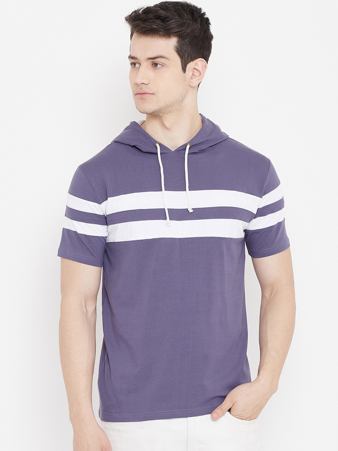 

Rodzen Men Lavender & White Striped Hood T-shirt