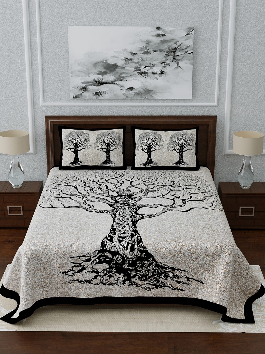 

LIVING ROOTS Grey & Black Floral 144 TC Cotton 1 Queen Bedsheet with 2 Pillow Covers