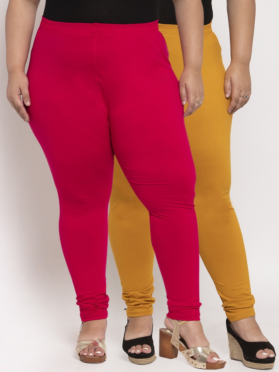 

TAG 7 PLUS Women Pack Of 2 Solid Ankle-Length Plus Size Leggings, Mustard