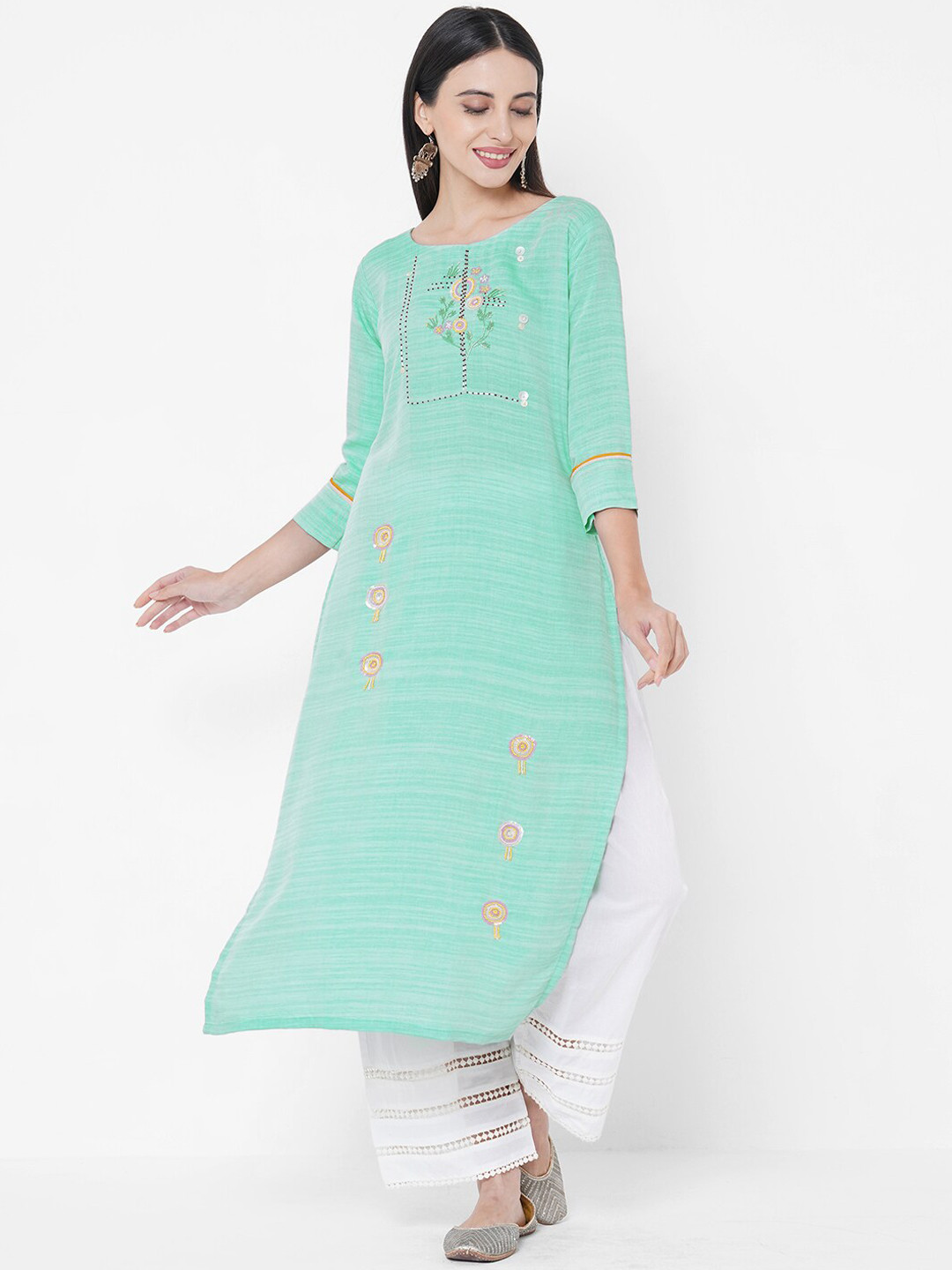 

FASHOR Women Green Embroidered Thread Work Kurta