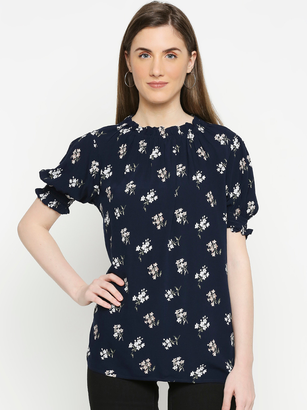 

Honey by Pantaloons Navy Blue Floral Printed Puff Sleeves Top