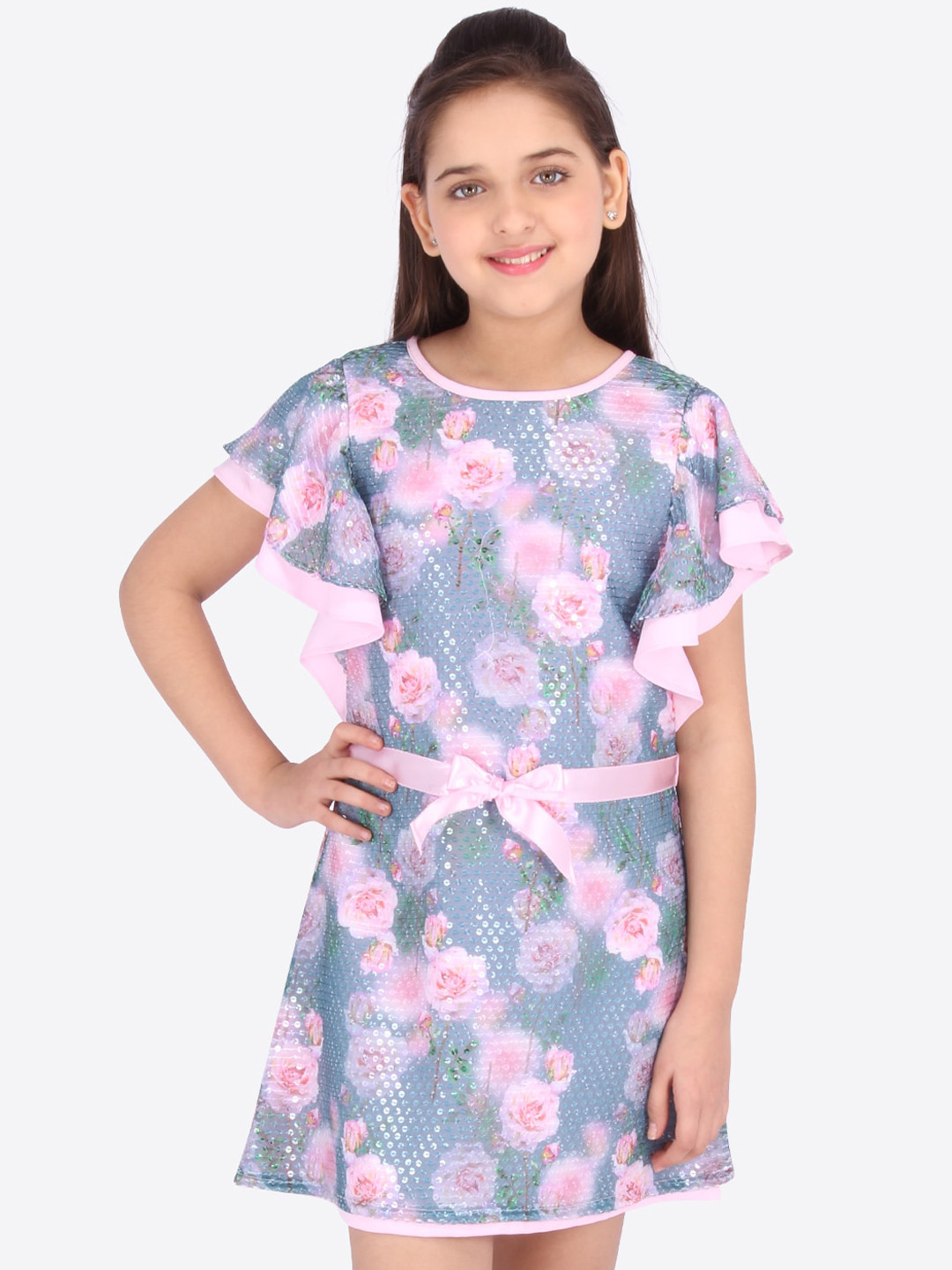 

CUTECUMBER Girls Pink & Blue Floral Printed A-Line Dress