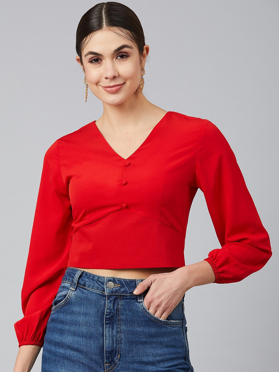 

Carlton London Women Red Solid Georgette Crop Top