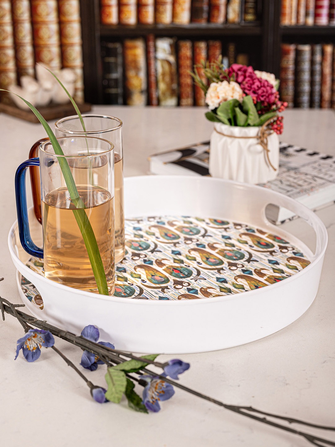 

GOODHOMES White & Brown Printed Melamine Round Serving Tray