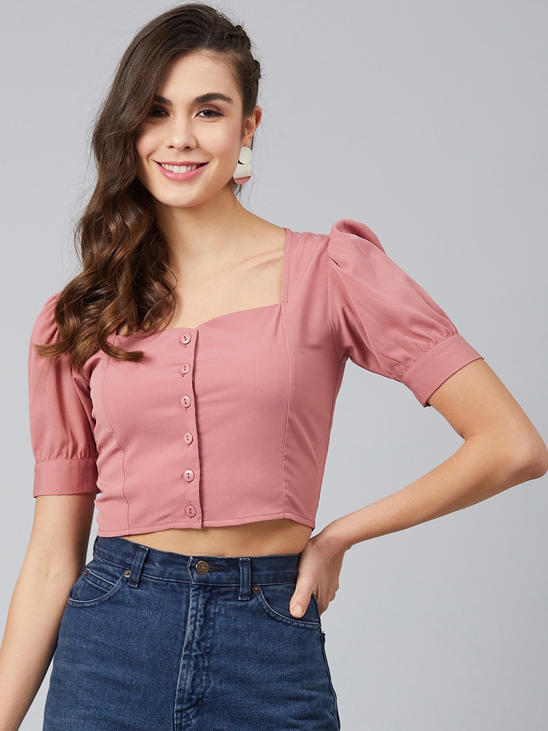 

Carlton London Peach-Coloured Puff Sleeves Georgette Top