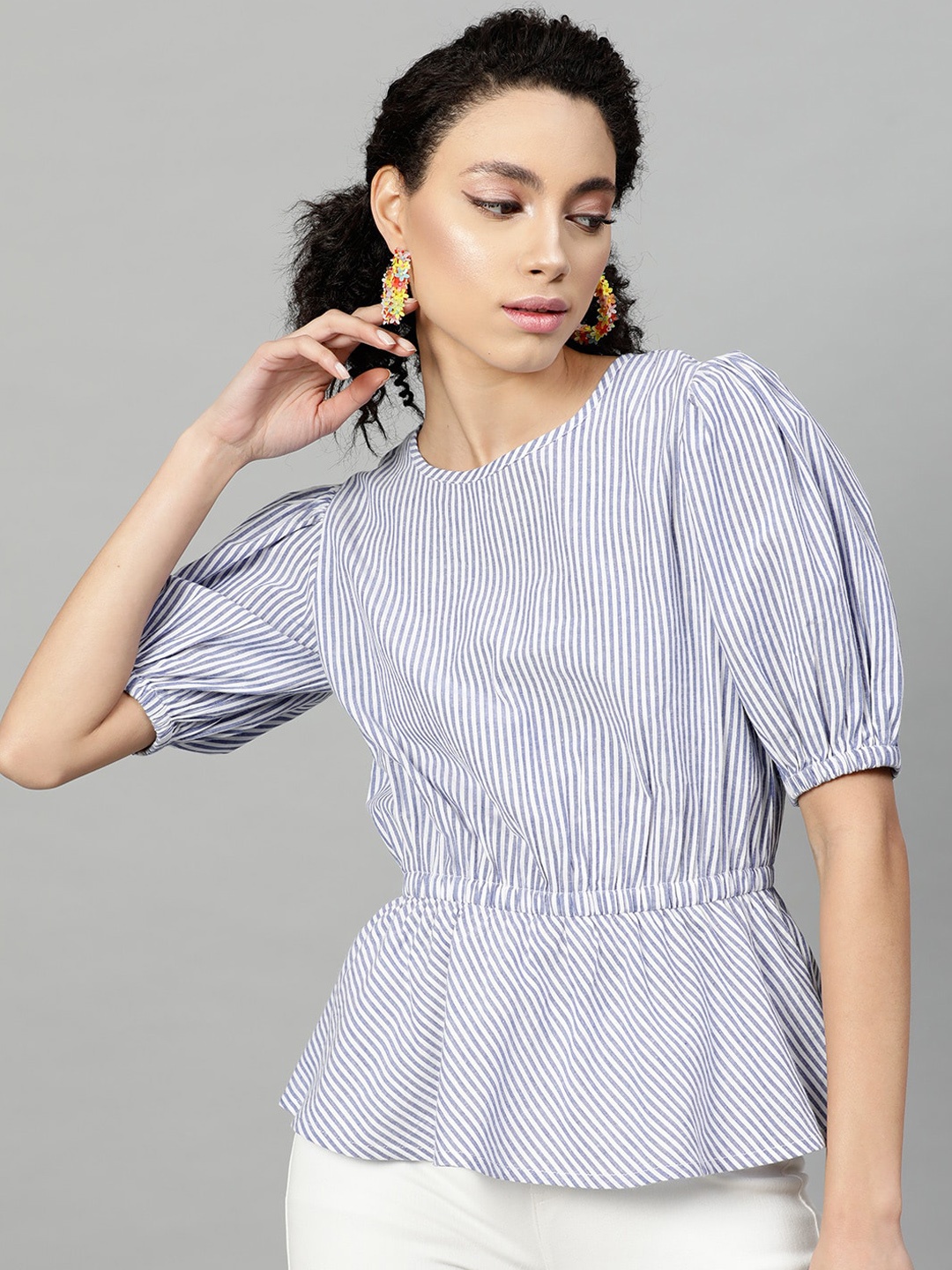 

STREET 9 Blue Striped Puff Sleeves Cinched Waist Top