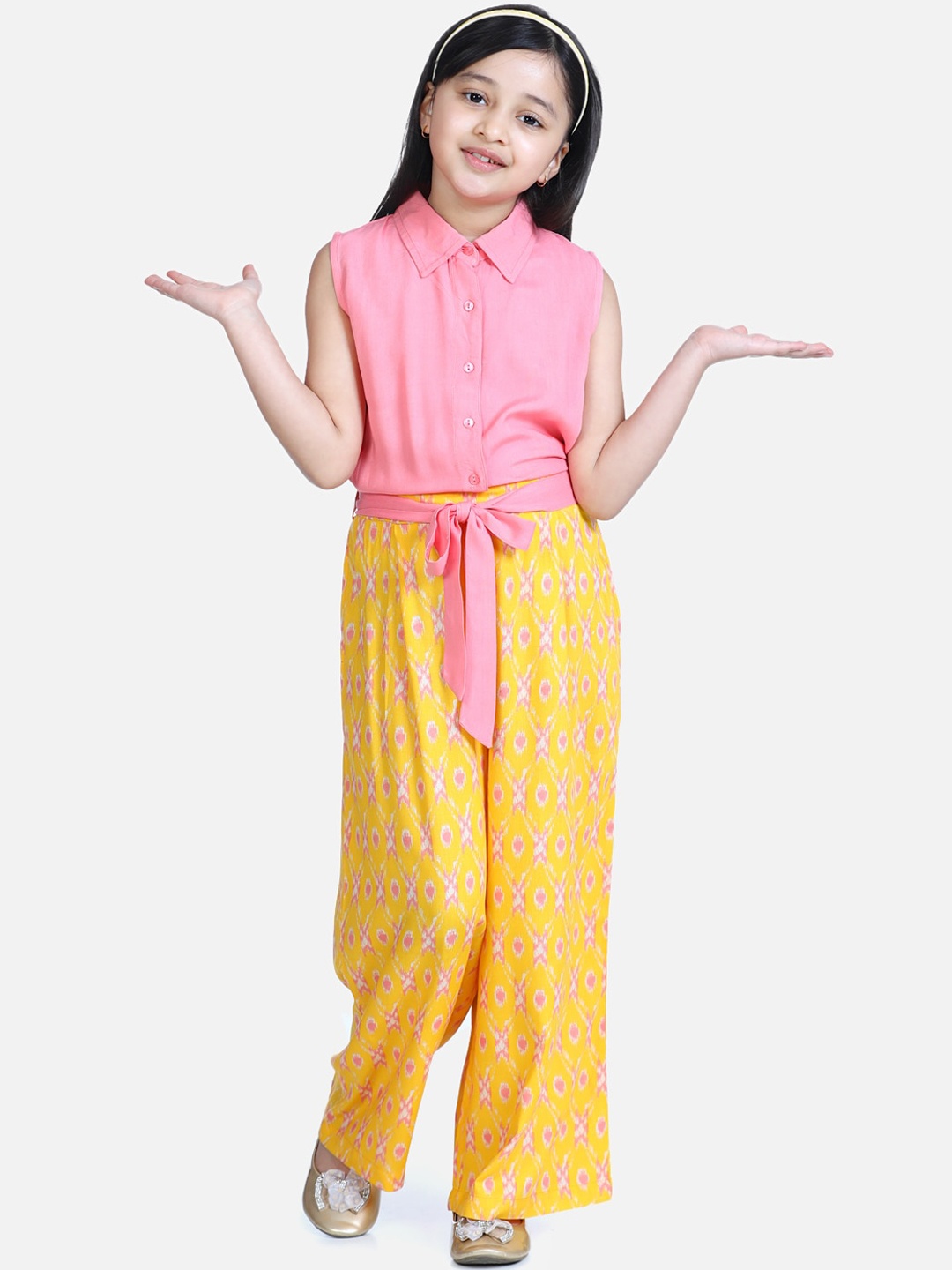 

StyleStone Girls Pink & Yellow Colourblocked Basic Jumpsuit