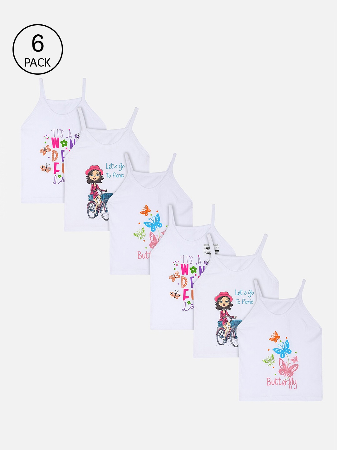 

Bodycare Kids Girls Pack Of 6 Printed Non-Padded Camisoles, White