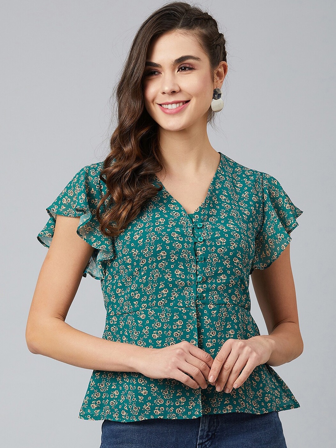 

Carlton London Green Floral Printed Flutter Sleeves Georgette Top