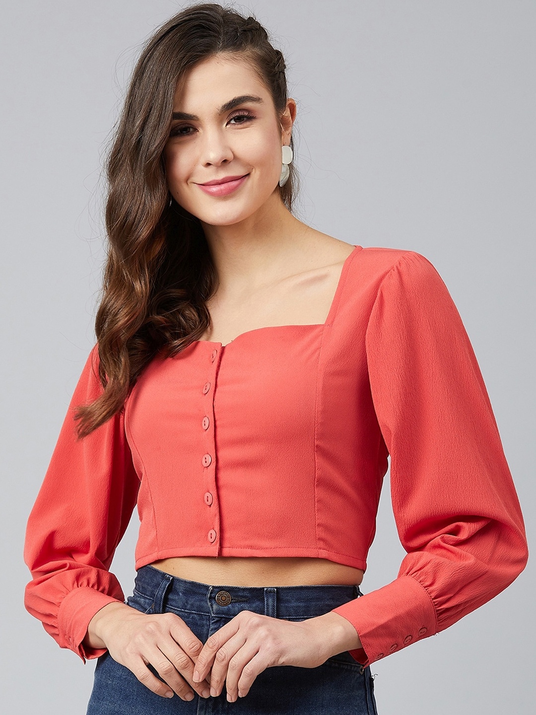 

Carlton London Coral Red Sweetheart Neck Georgette Cop Top