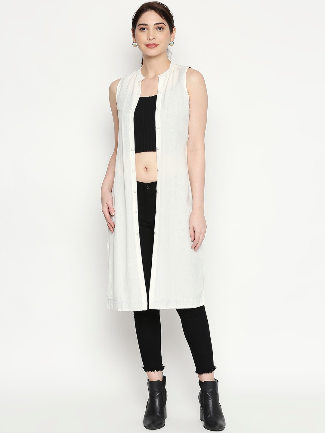 

People Women Off-White Solid Longline Open Front Jacket