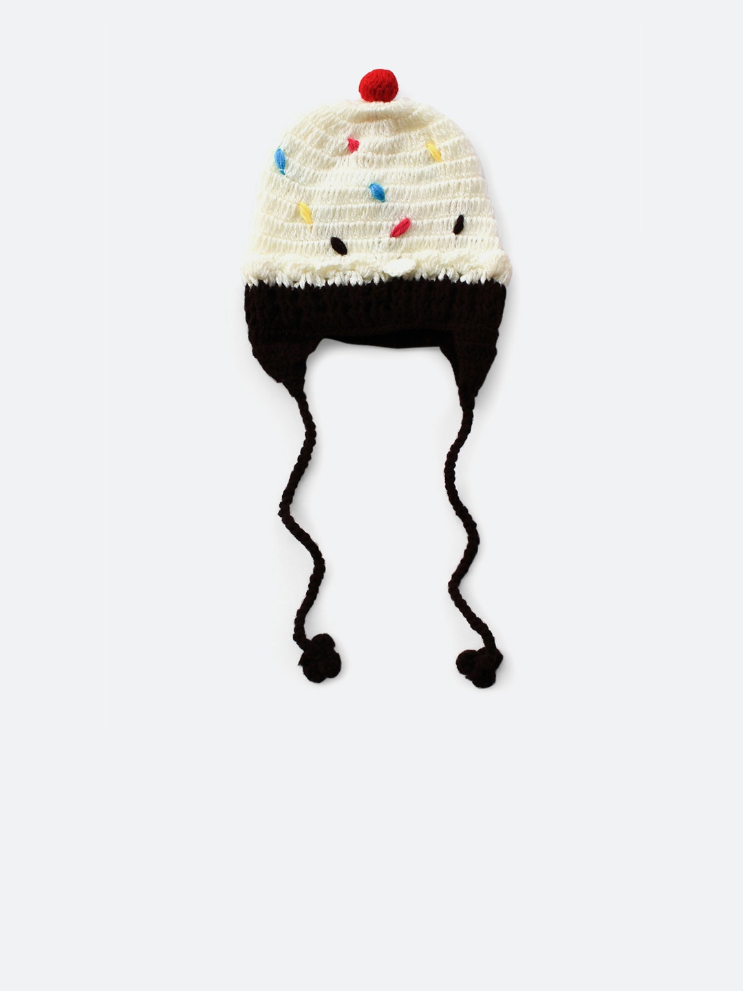 

Woonie Kids Cream-Coloured & Black Self Design Handmade Woollen Beanie