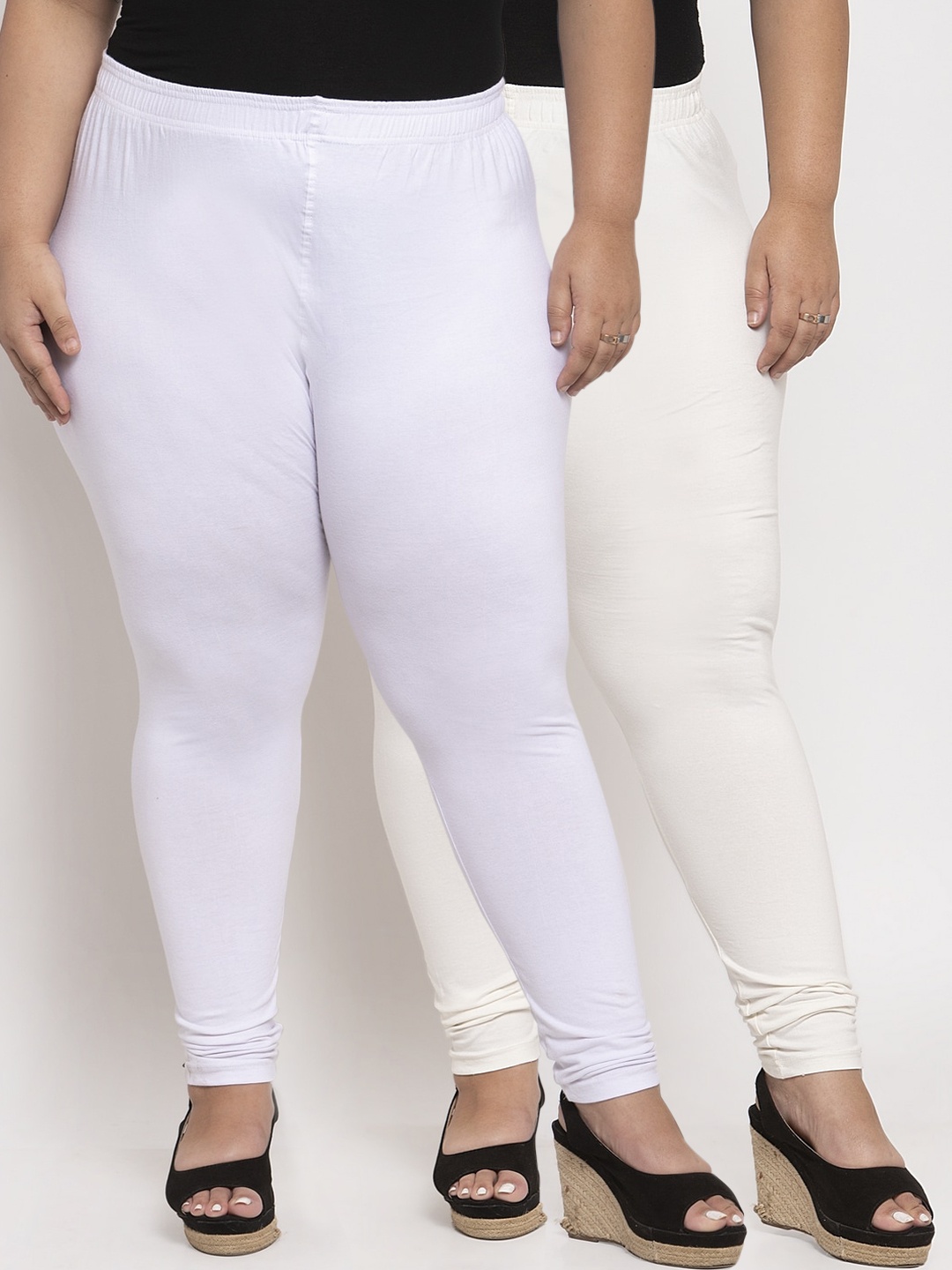 

TAG 7 PLUS Women Pack Of 2 White Solid Plus Size Ankle-Length Leggings